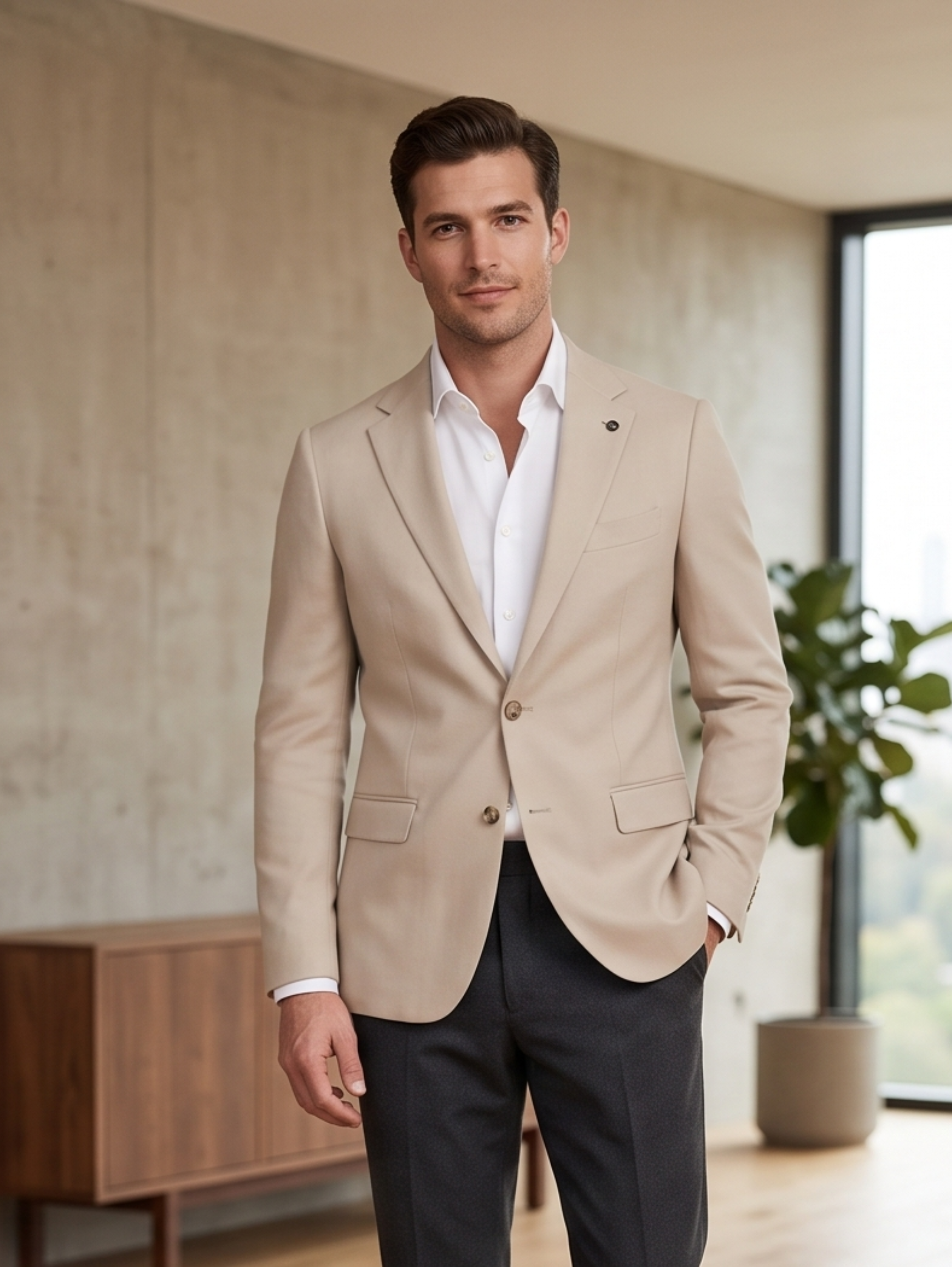 Two Button Beige Smart Casual Tailored Blazer