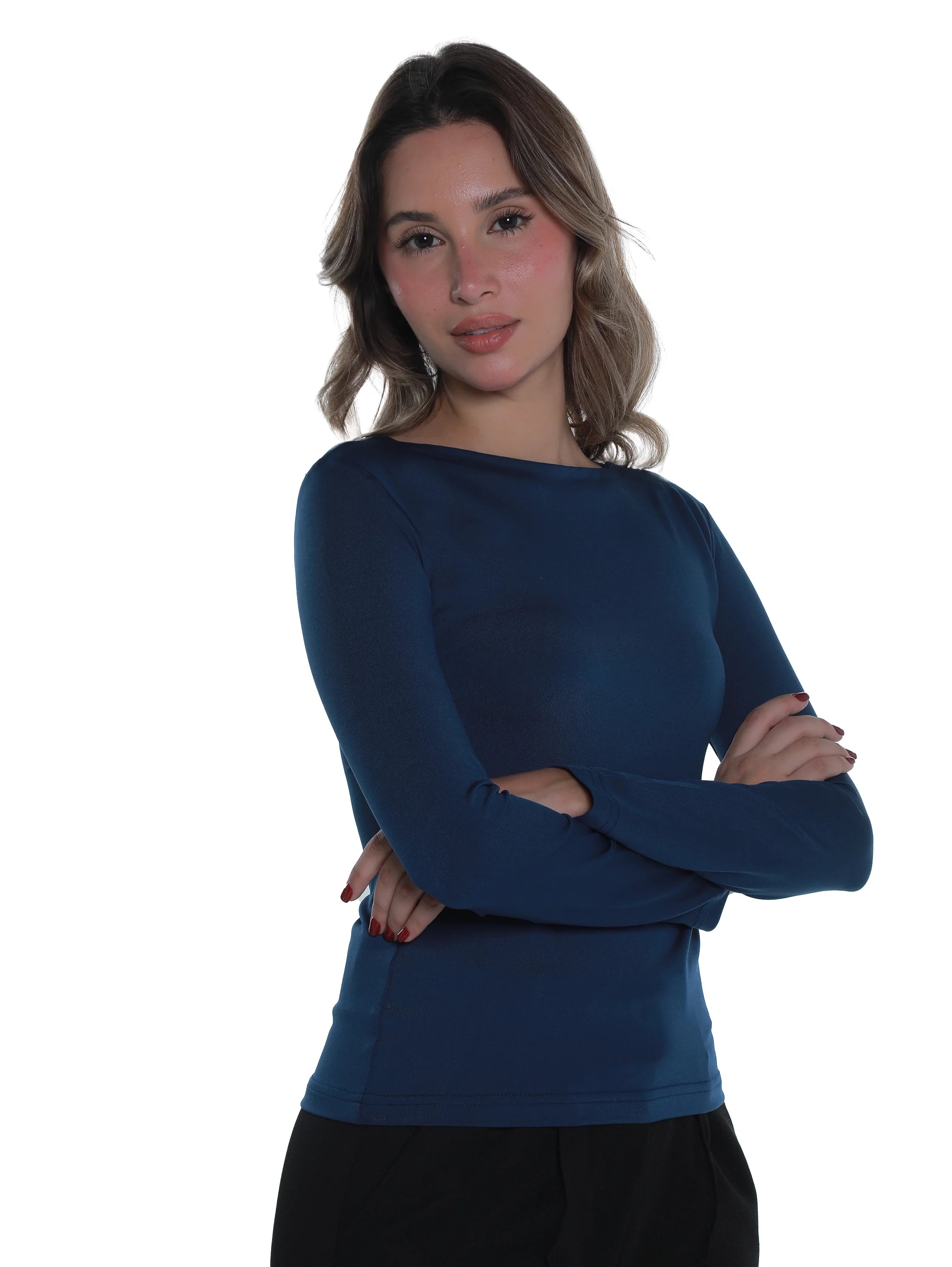 Long Sleeved Indigo Basic Top Round Neck