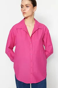 Trendyol Fushia Single Pocket Boyfriend Cotton Shirt