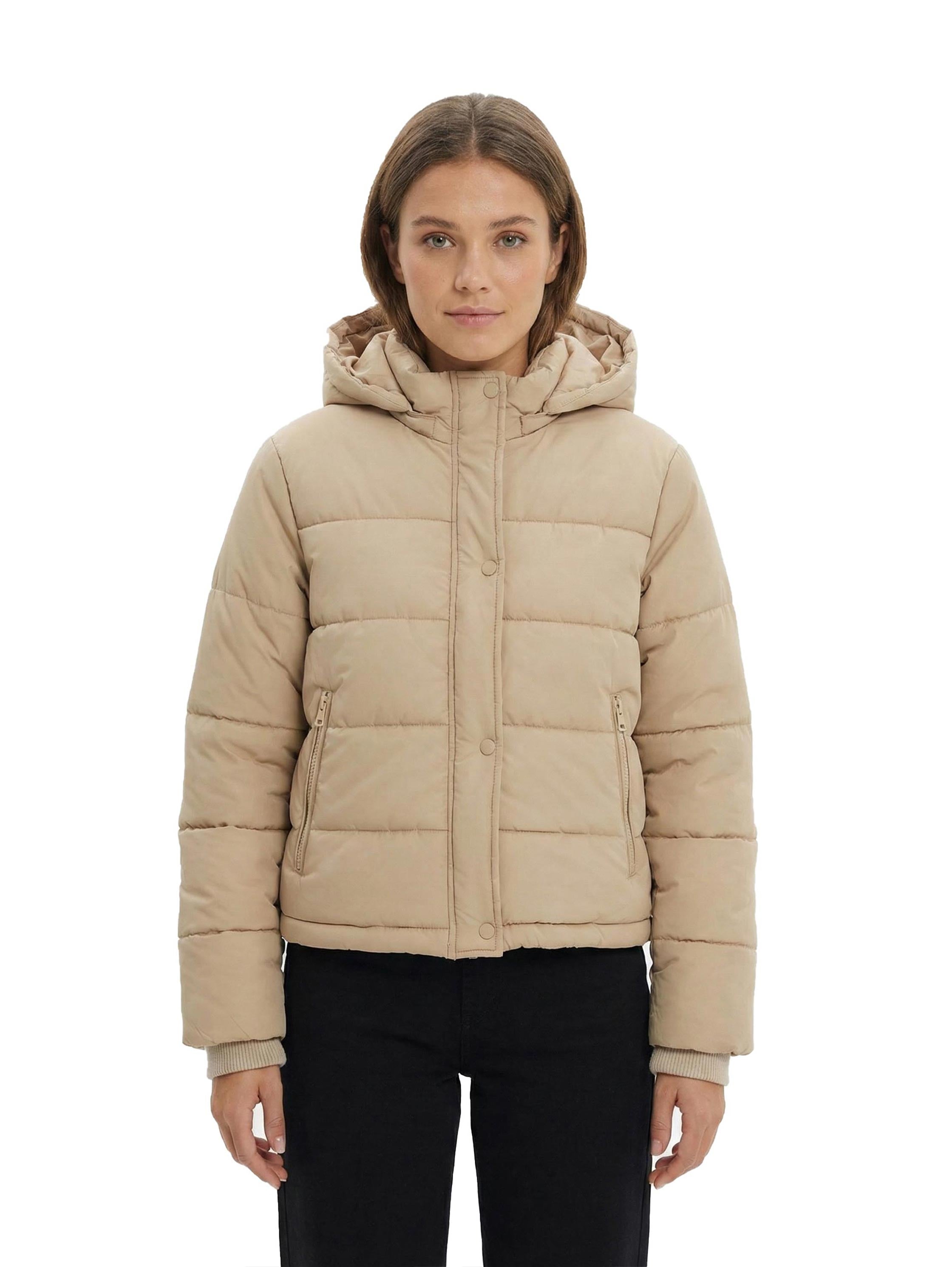 Beige Padded Puffer Jacket With Stand up Collar & Hoodie