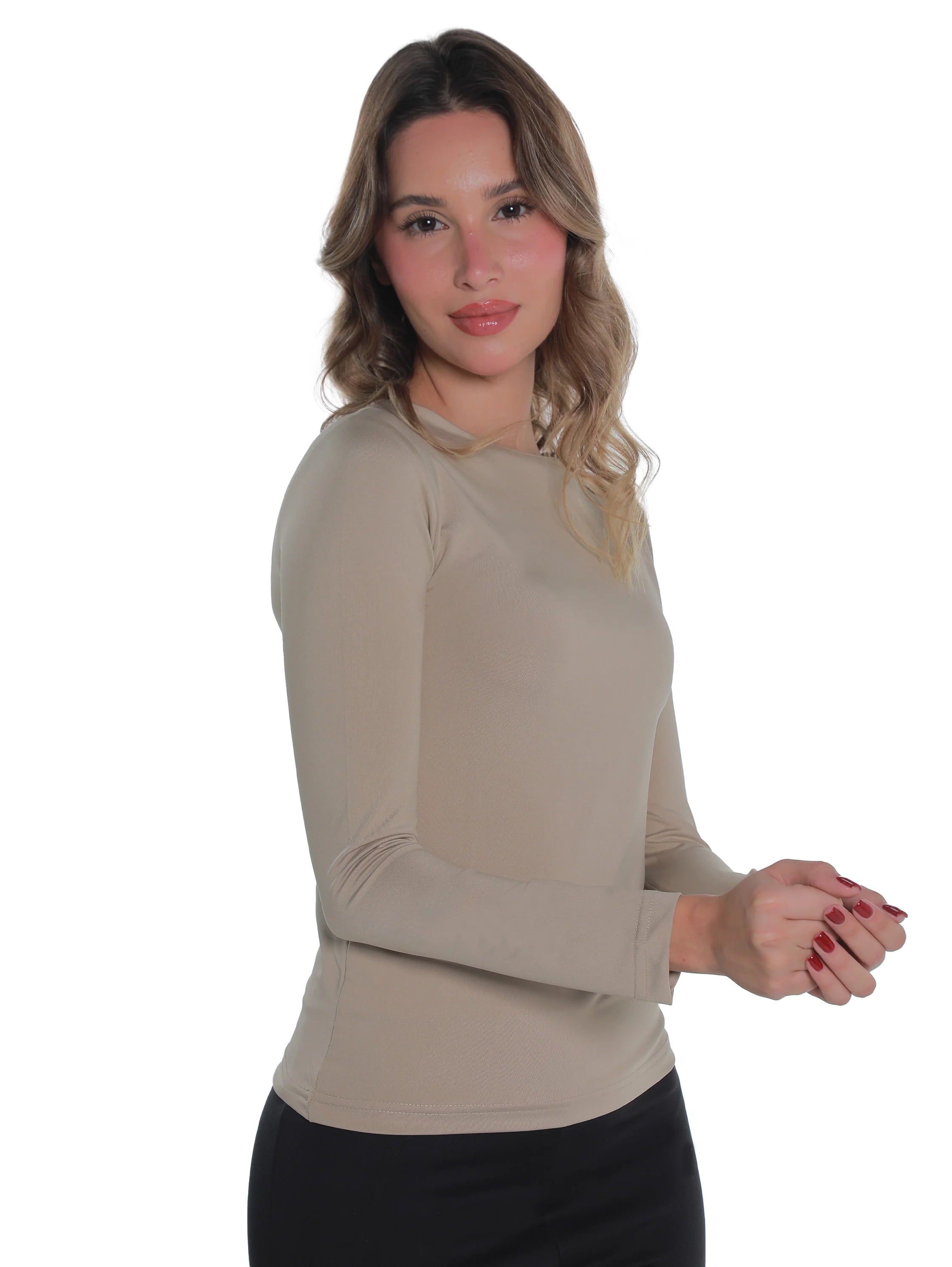 Long Sleeved Beige Basic Top Round Neck