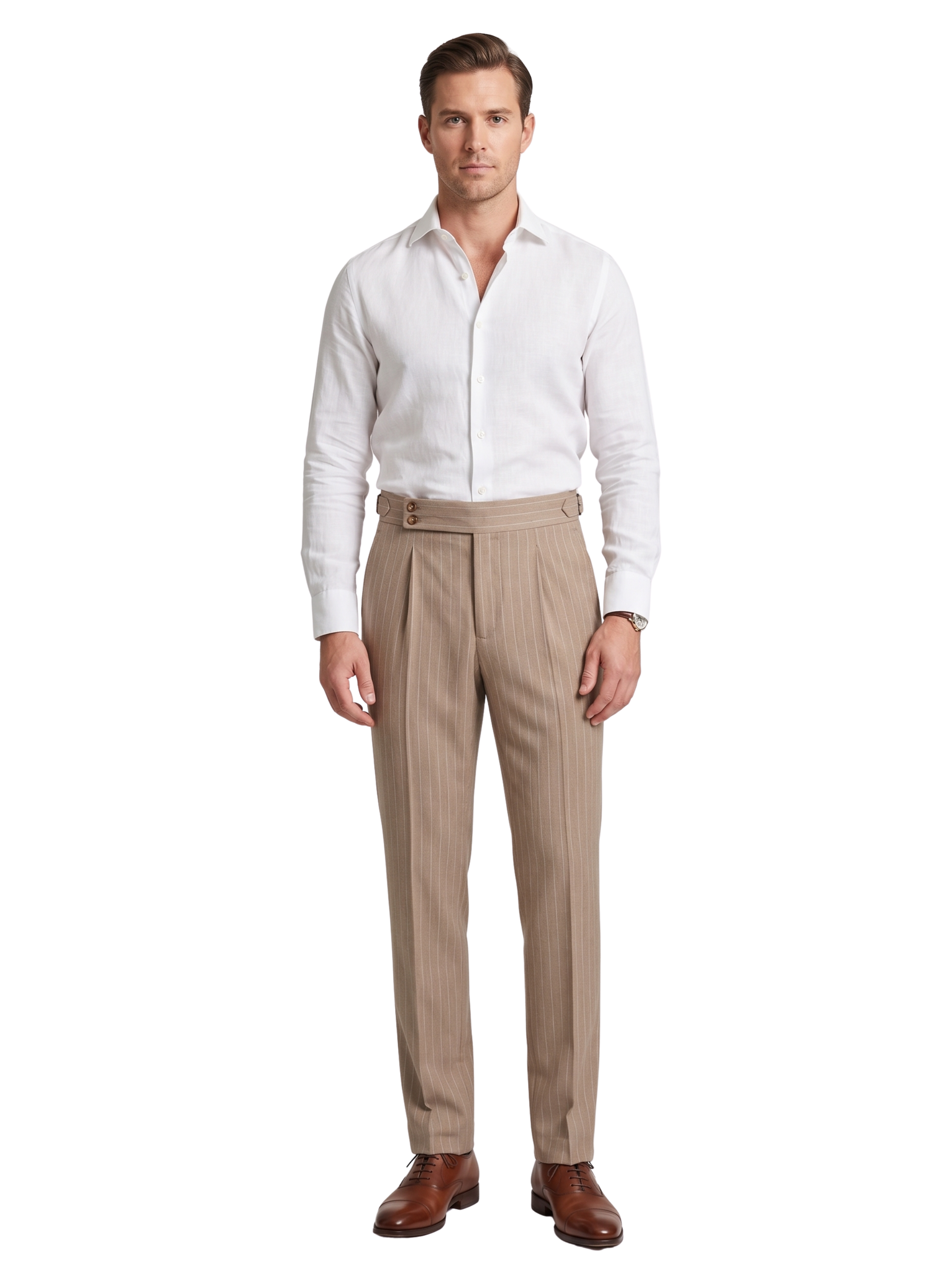 Brown High Rise Pinstriped Pants With Side Adjusters