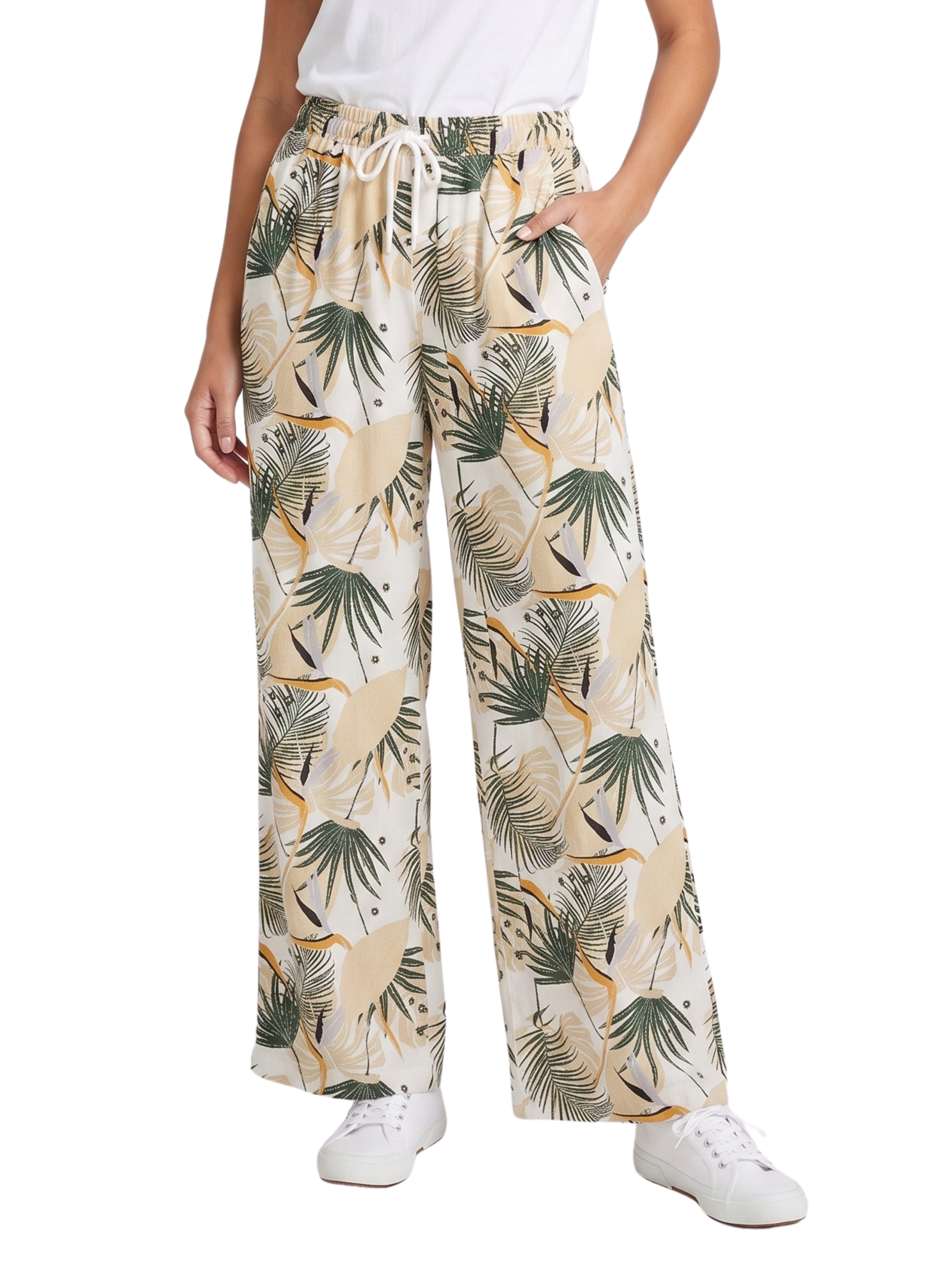 Beige Printed Palm Wide Leg Pants