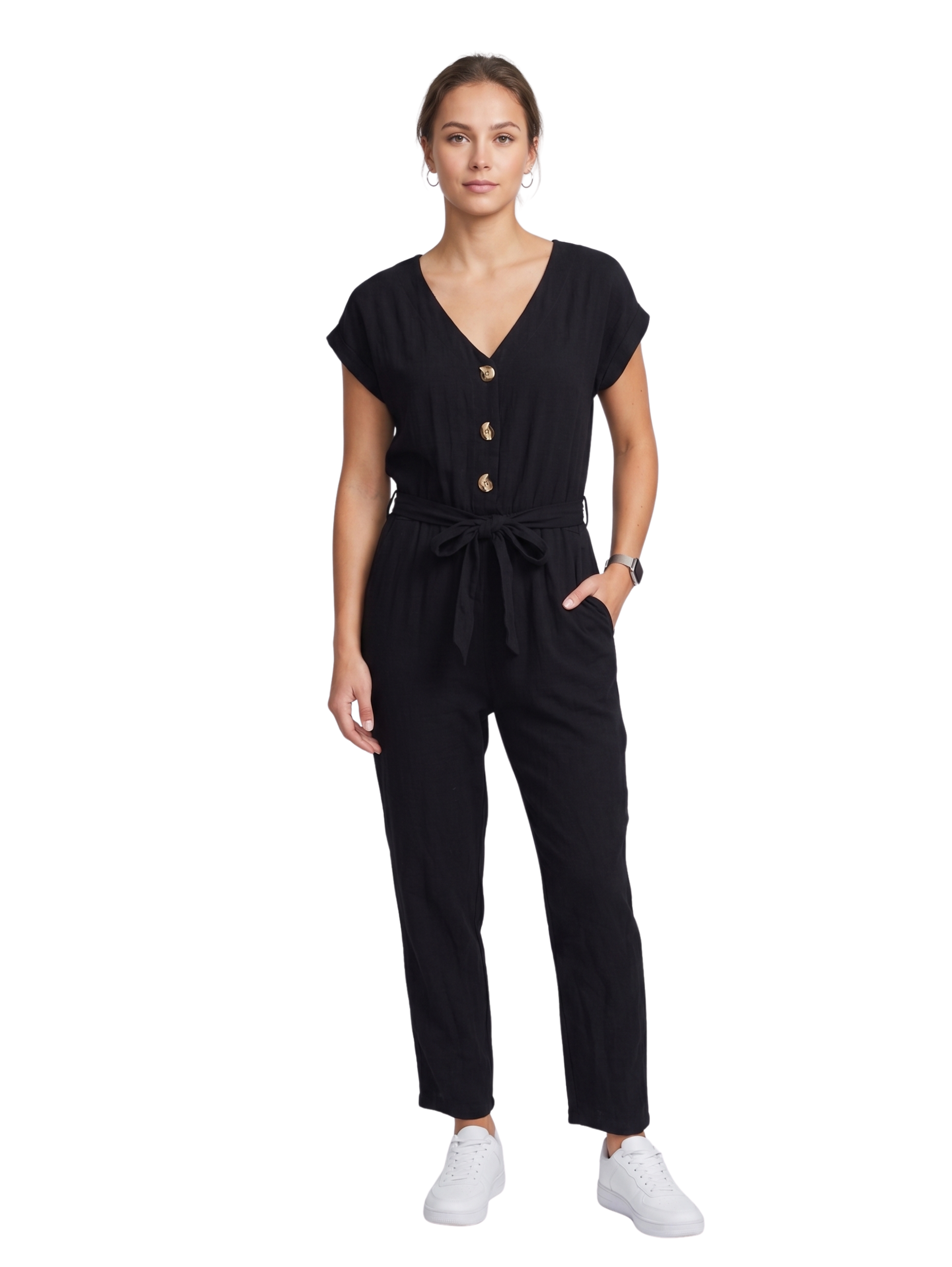 Black V Neck Belted Jumpsuit With Pockets