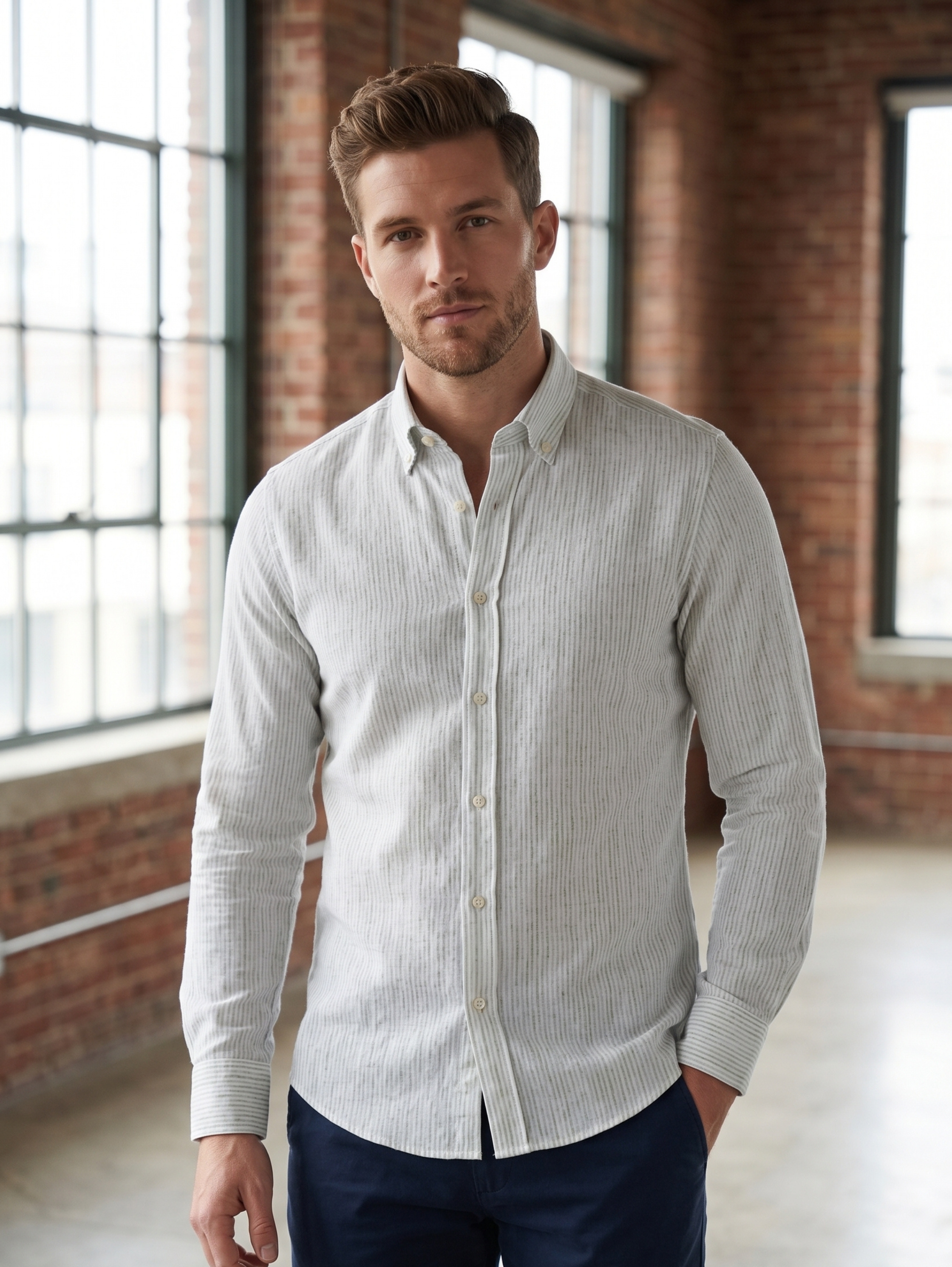 Light Green Long Sleeved Linen Slim Fit Shirt With Striped Design