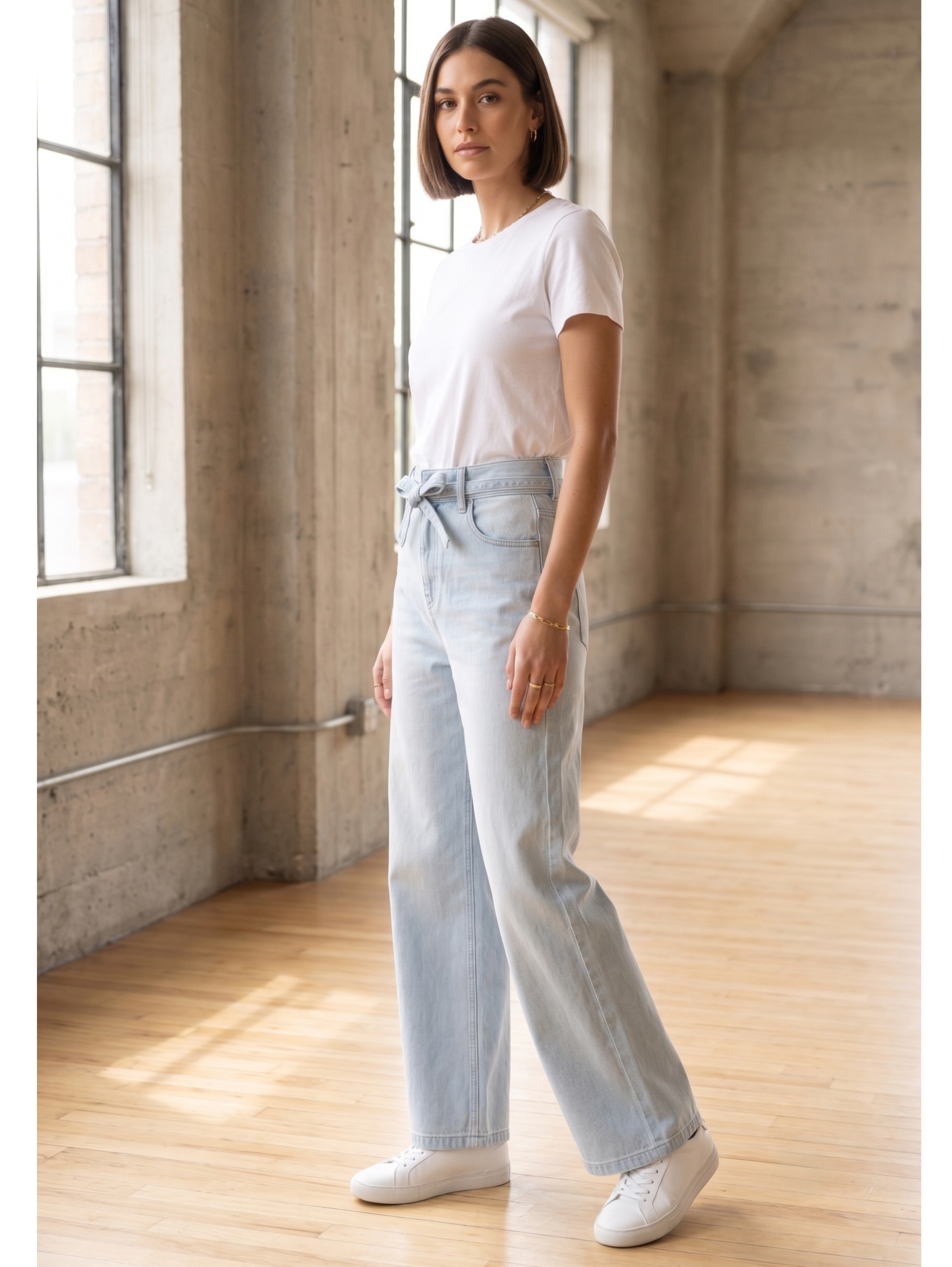 Mid Blue High Waist Wide Leg Jeans With Denim Belt Design