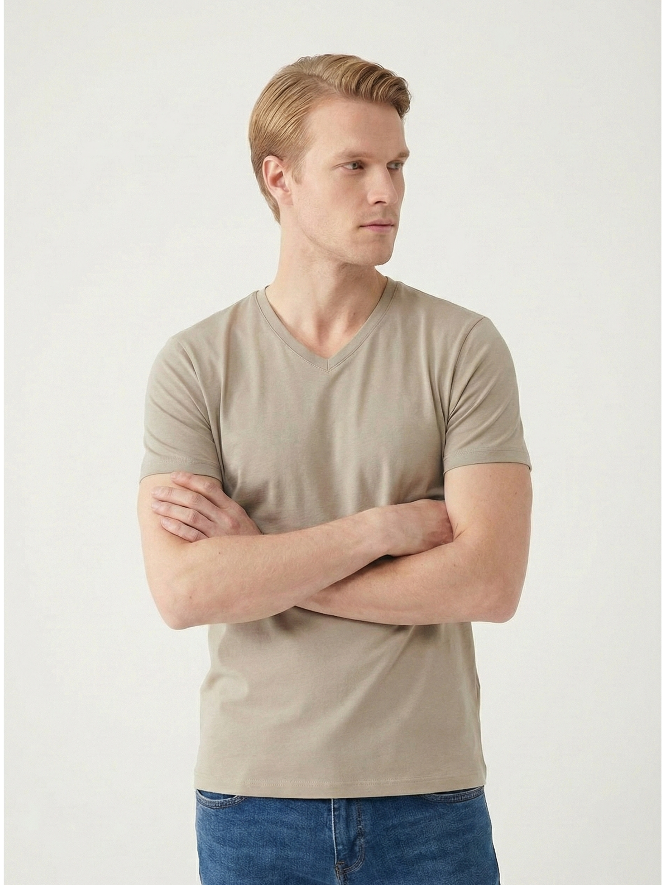 Light Khaki Jack Dapper Short Sleeved Basic T-shirt With V-neck
