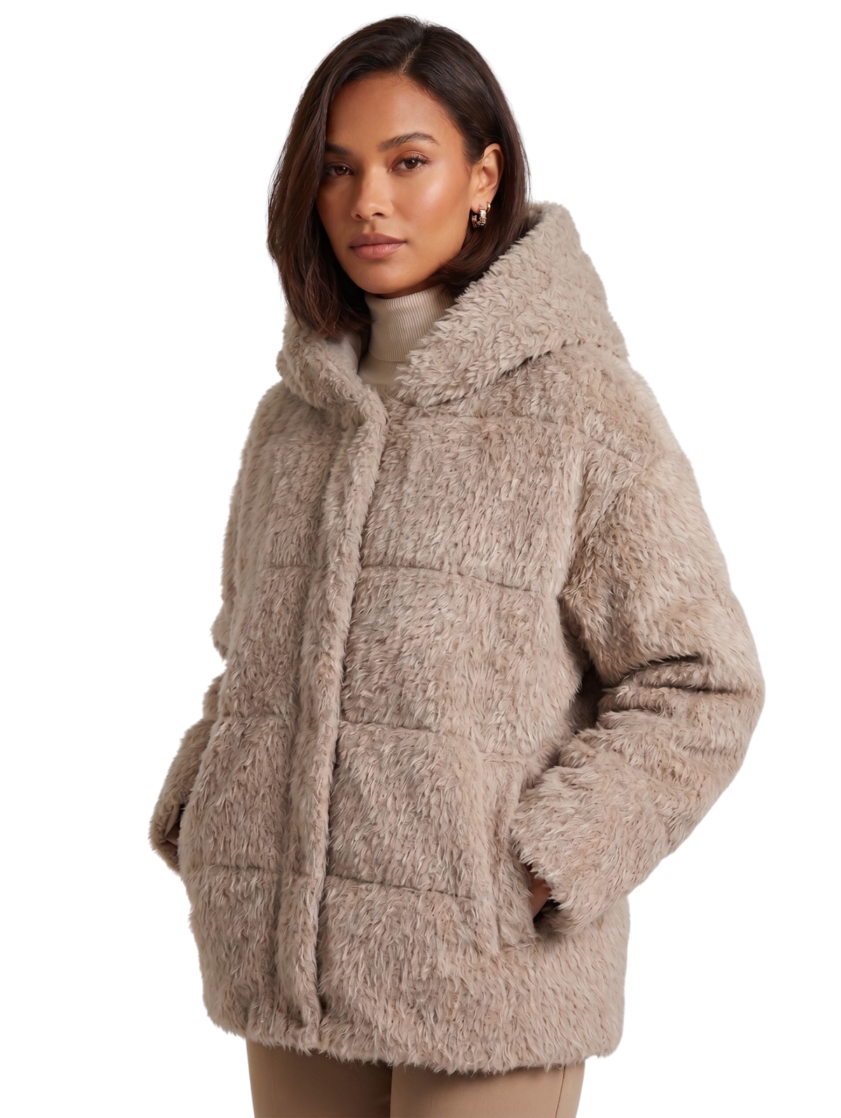 Beige Shaggy Fur Hooded Zip Up Jacket