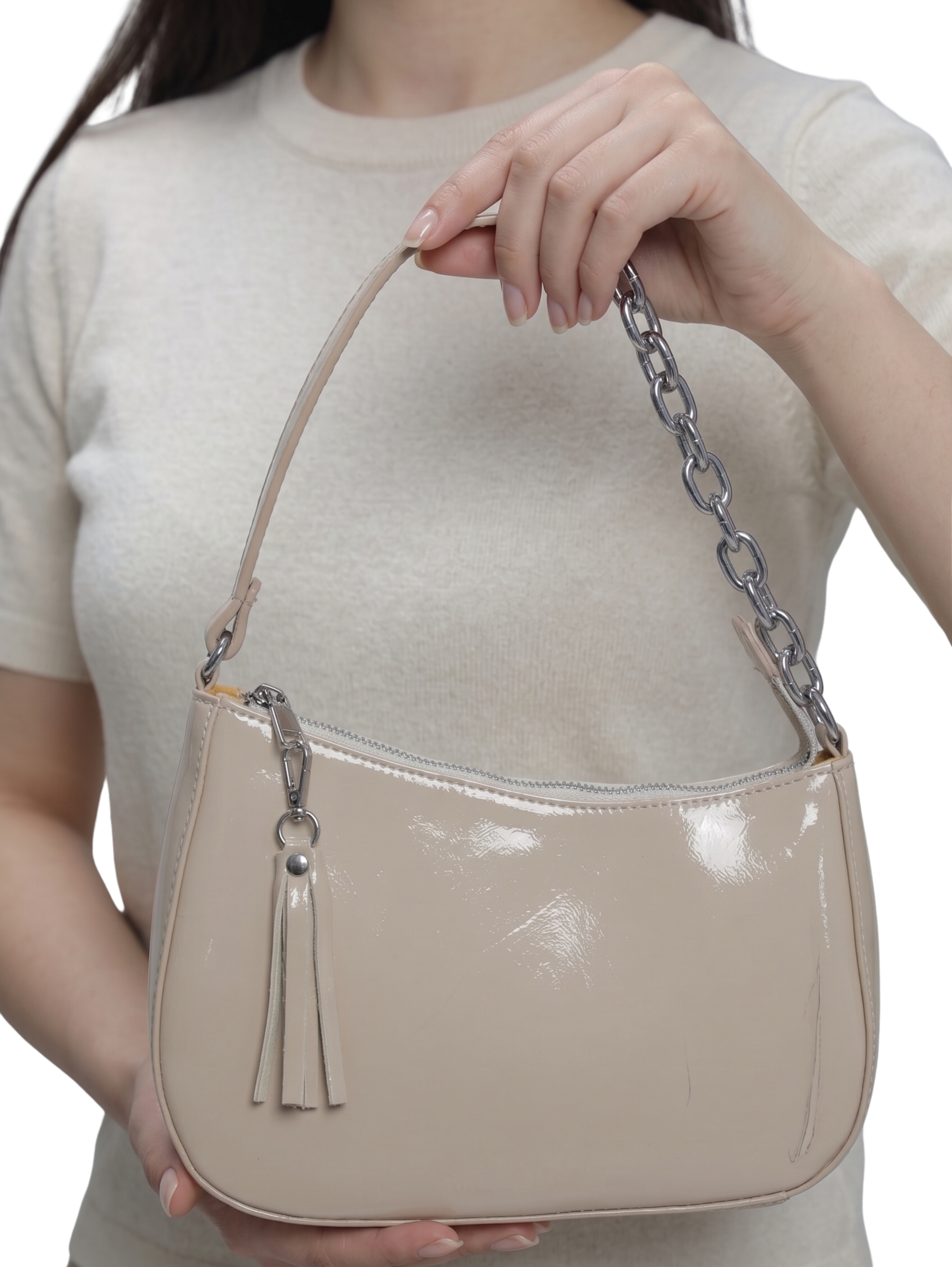 Beige Shoulder Bag With A Silver Chain Strap