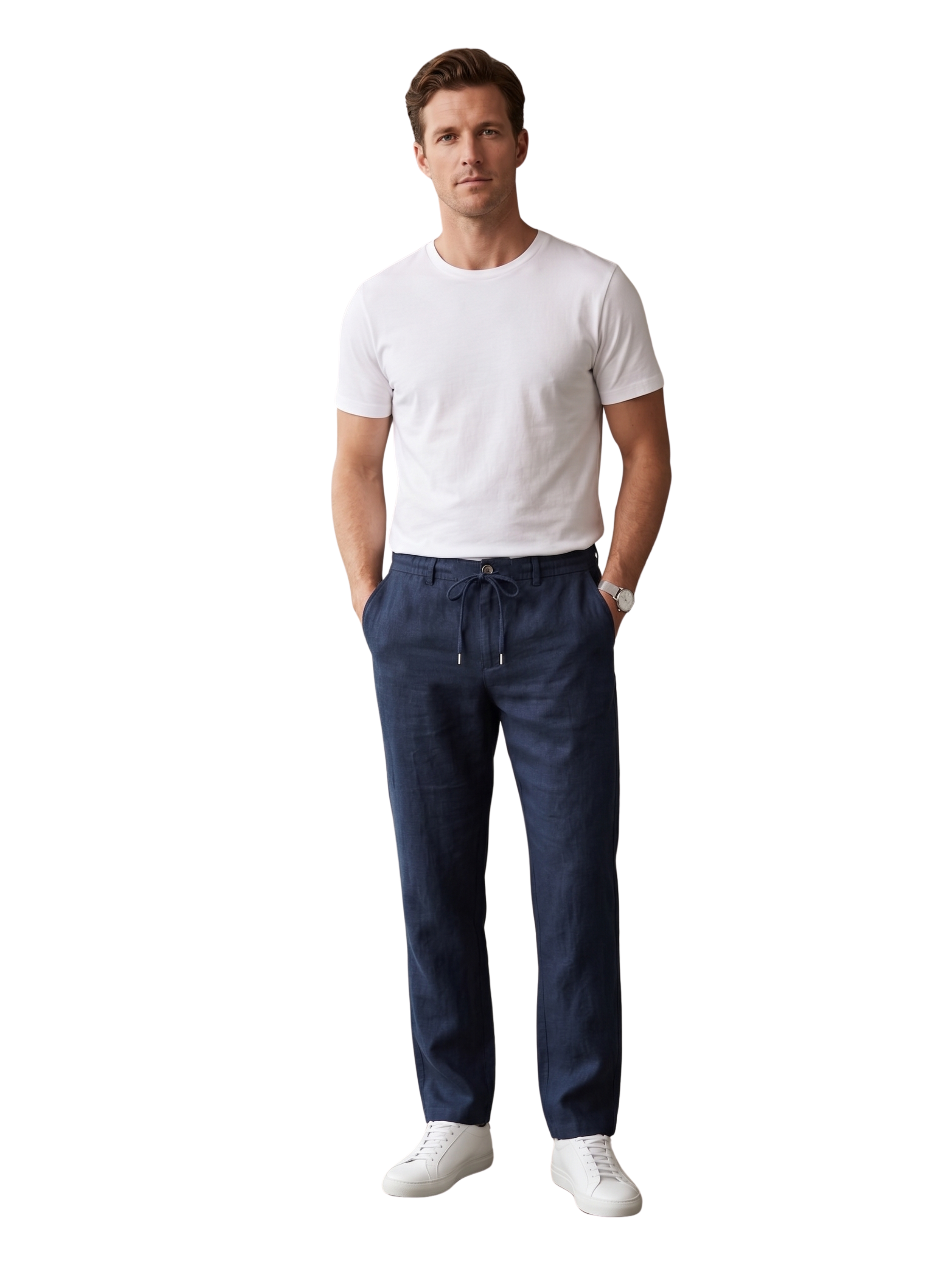 Casual Summer Navy Linen Drawstring Pants