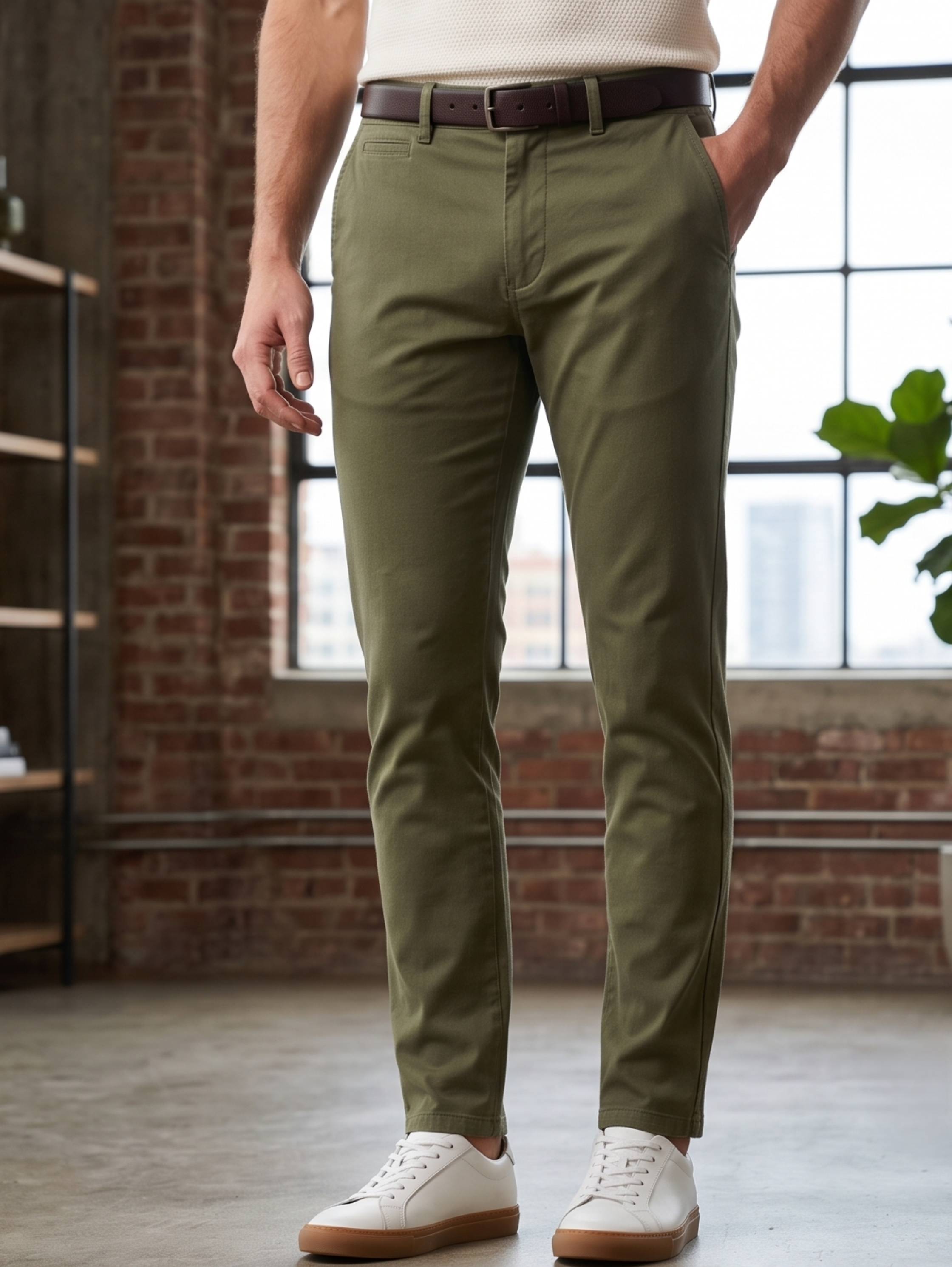 Khaki Casual Chino Pants With Side Slanted Pockets