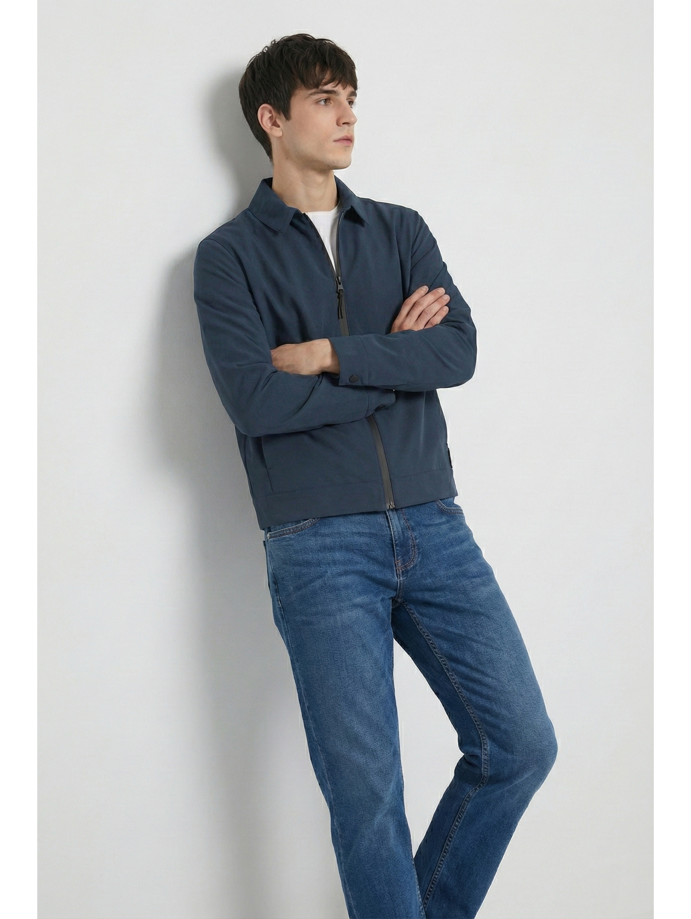 Long Sleeve Navy Zippered Jacket With Collar