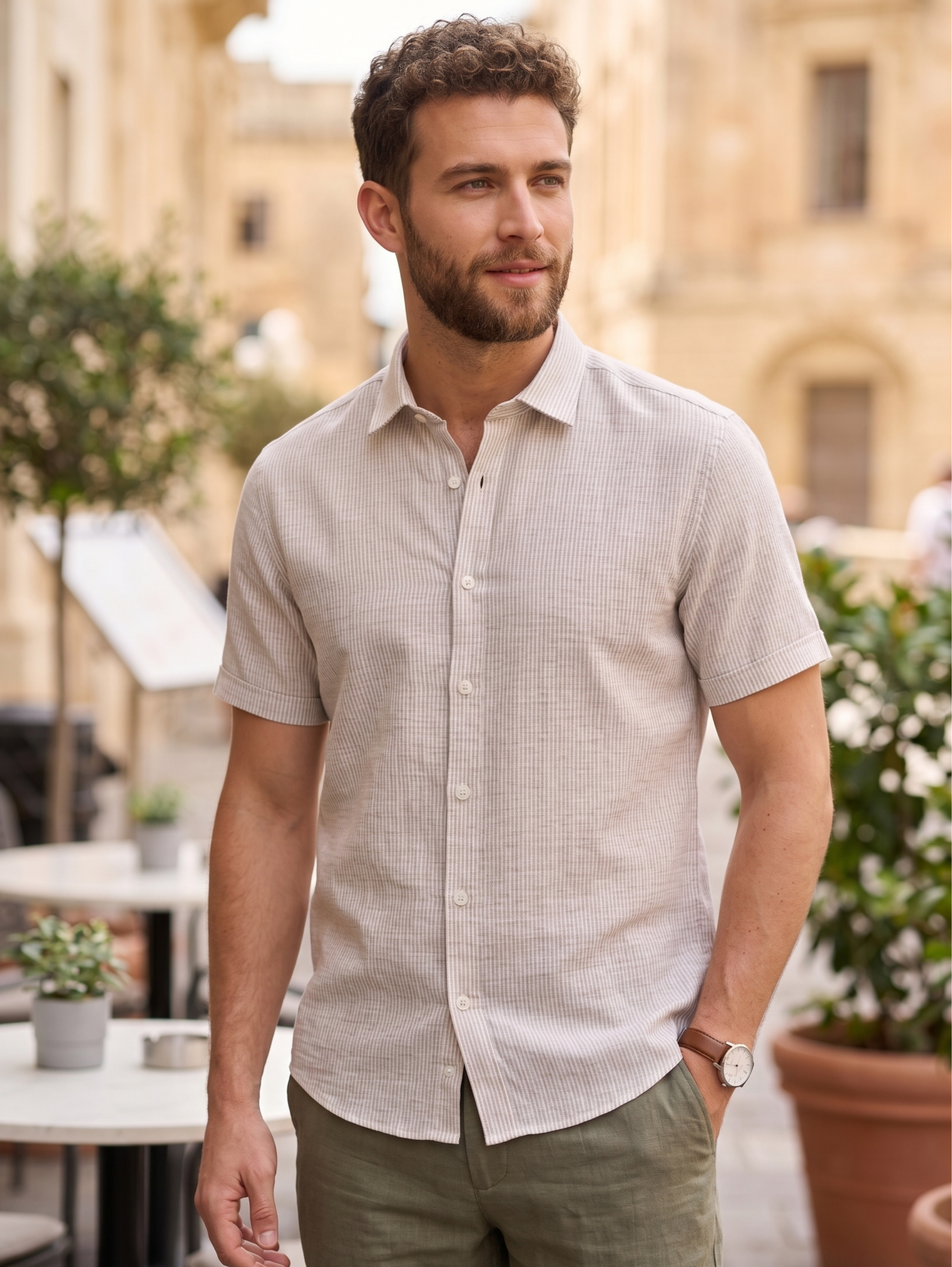 Natural Short Sleeved Linen Shirt With Striped Design