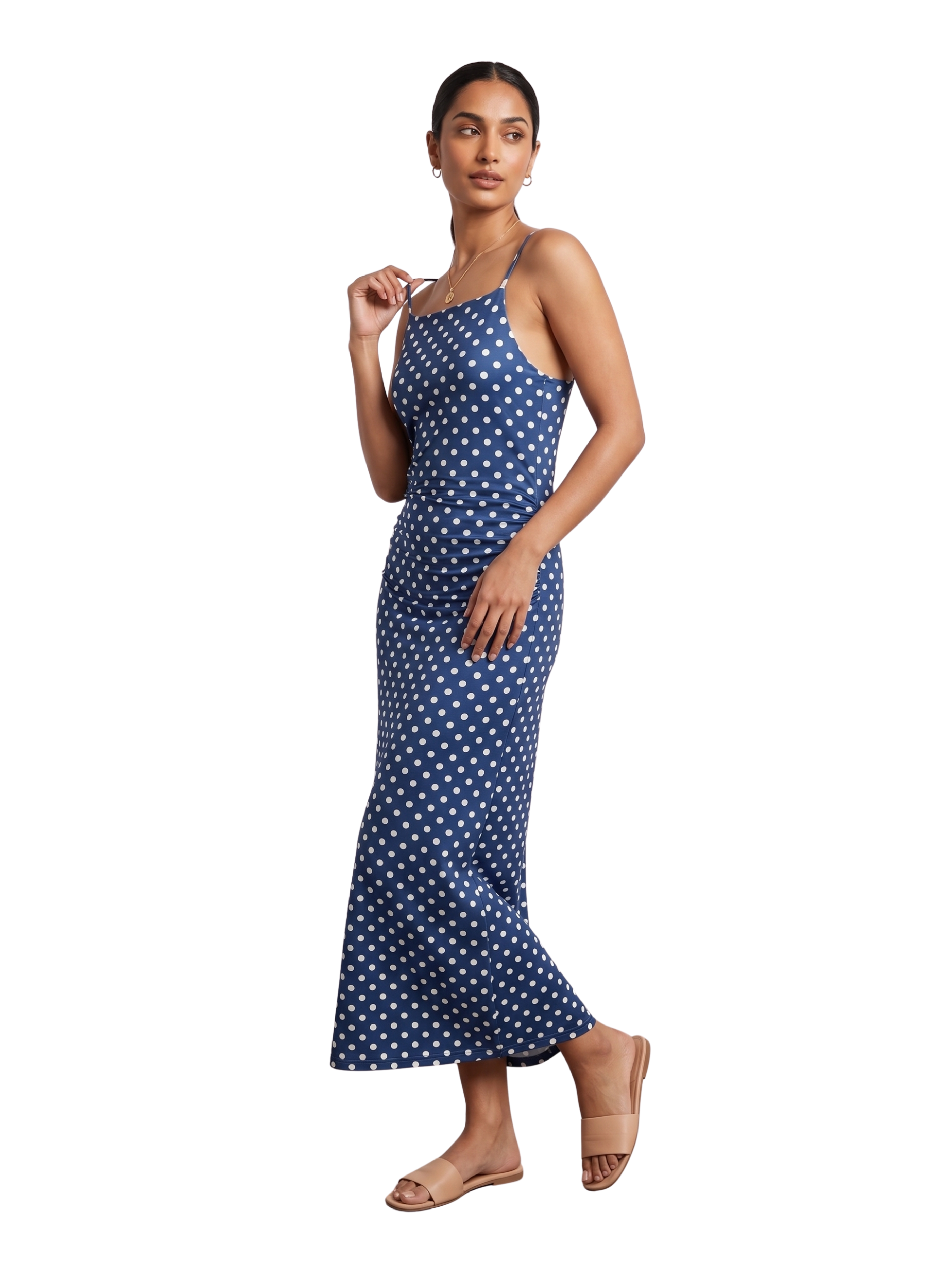 Navy With White Bolka Dots Sleeveless Dress