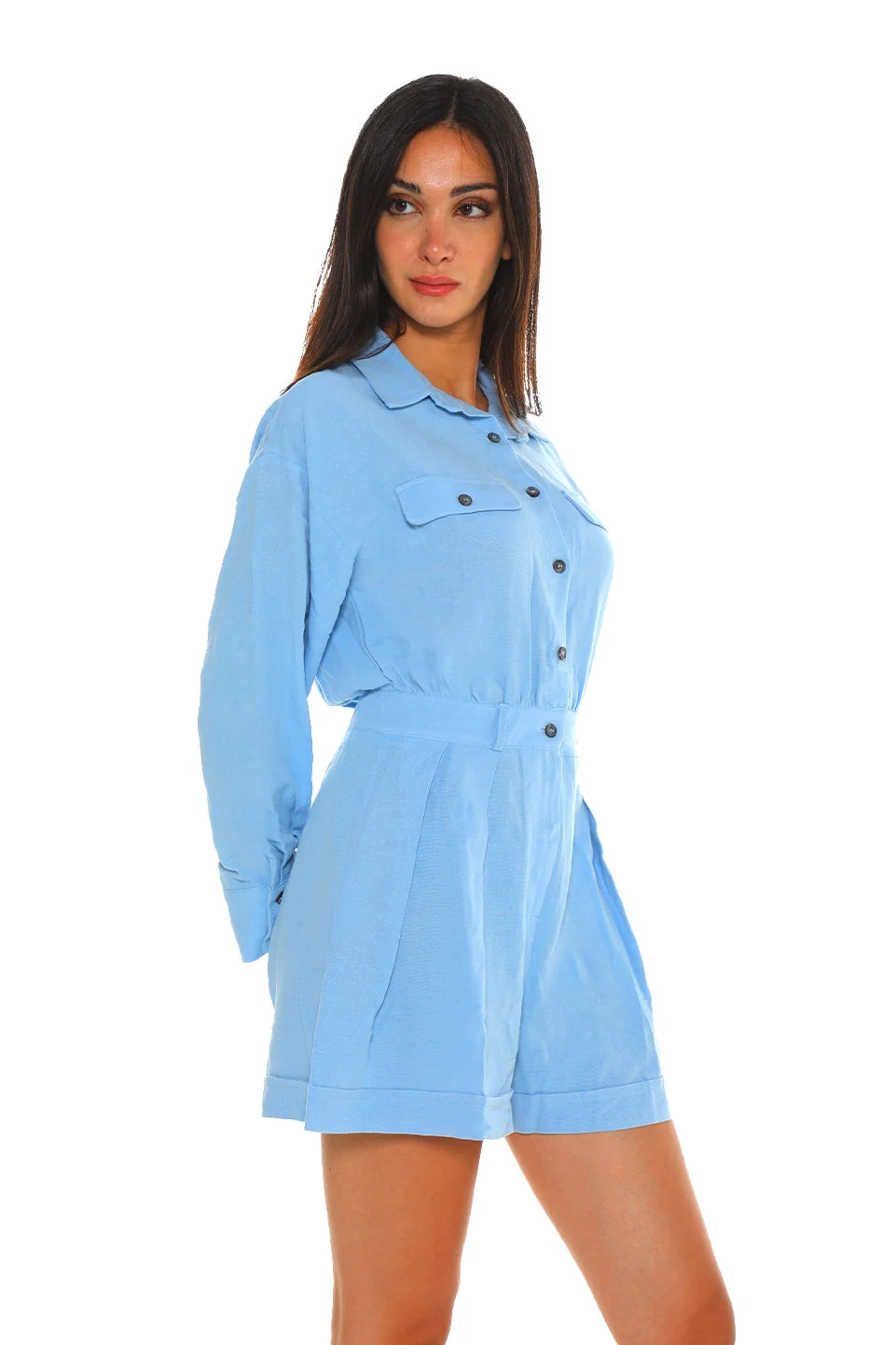 Casual Buttoned Short Blue Jumpsuit