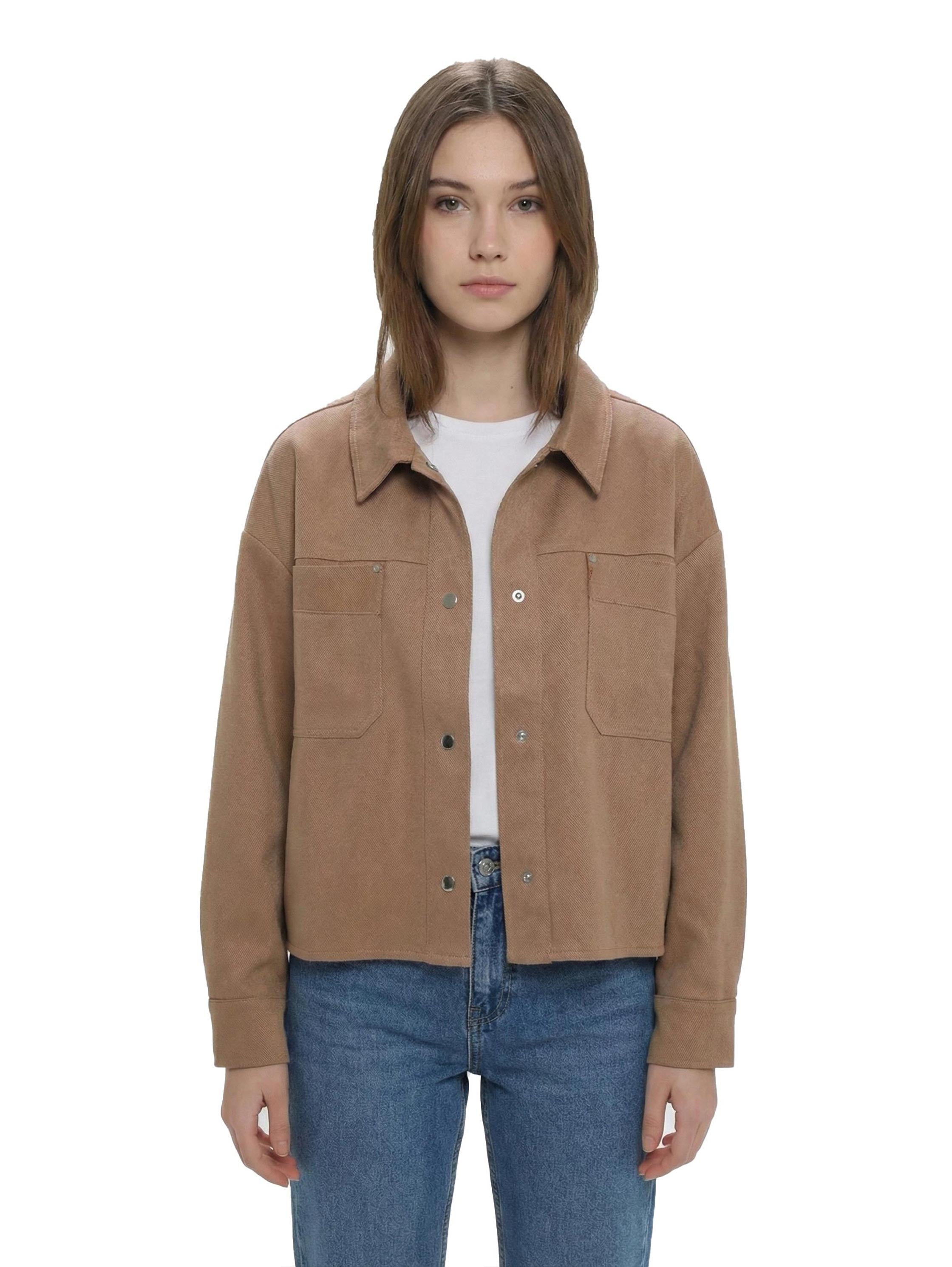 Light Brown Crop Long Sleeve Shirt With Attached Pockets