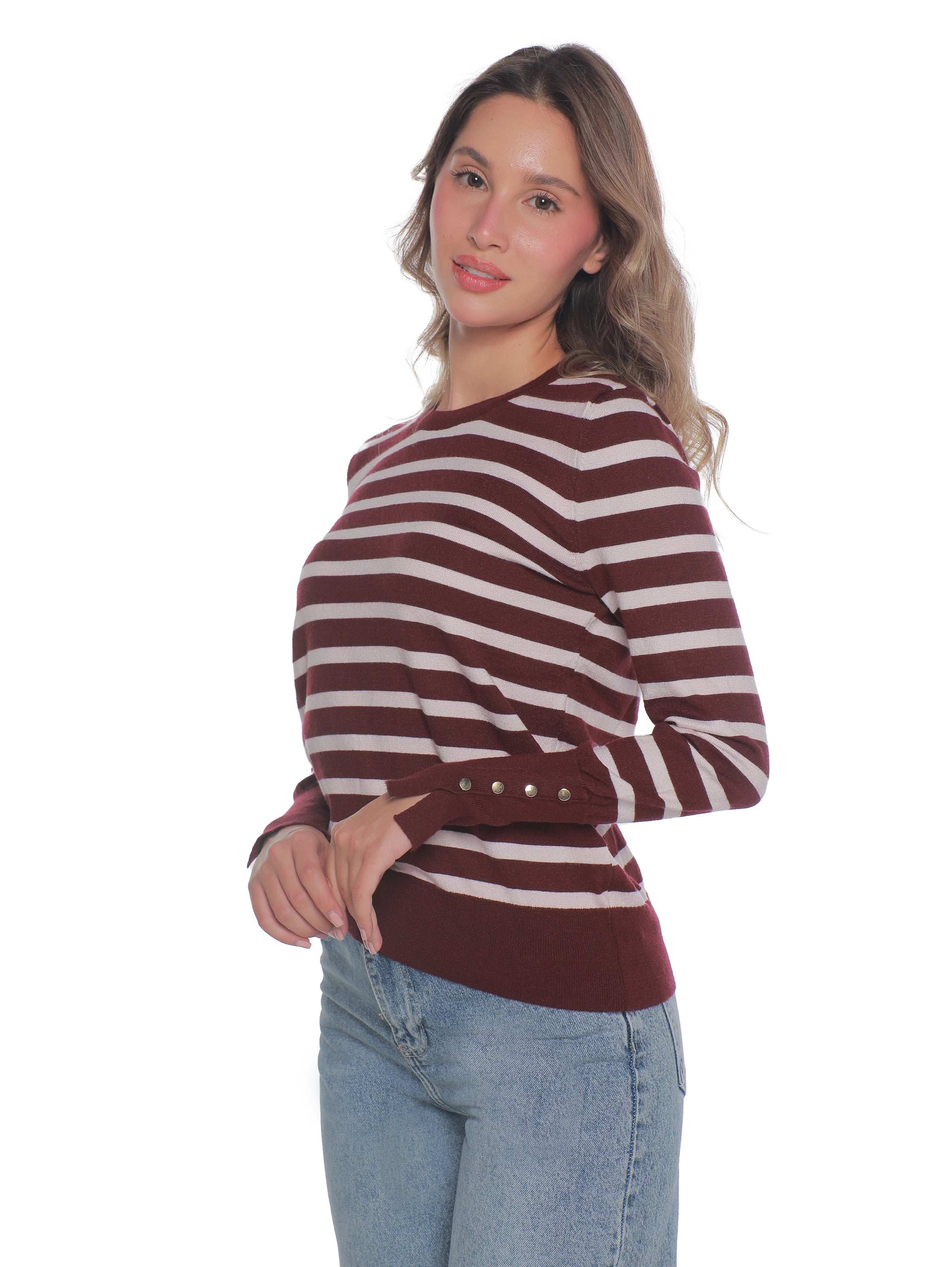 Long Sleeved Bordo Pullover With Stripe Design