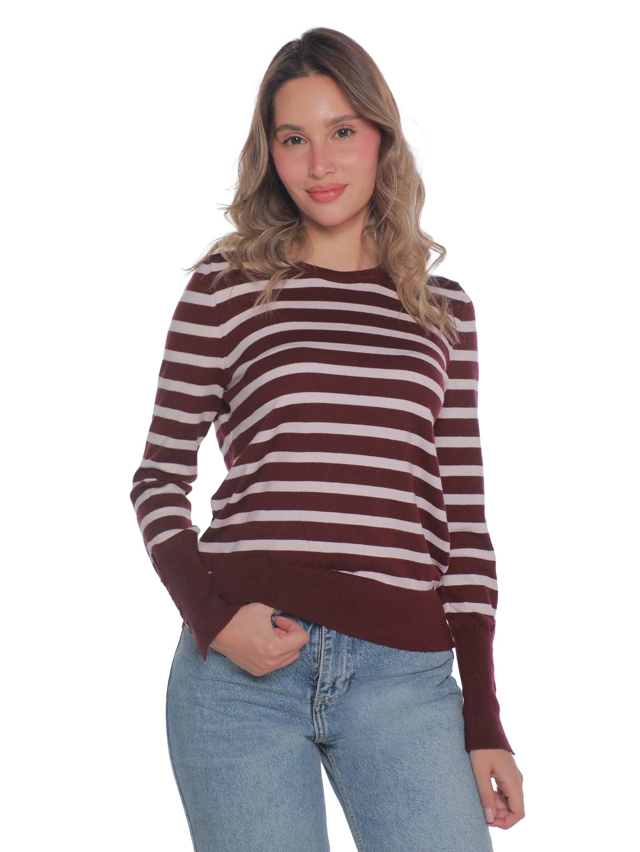 Long Sleeved Bordo Pullover With Stripe Design