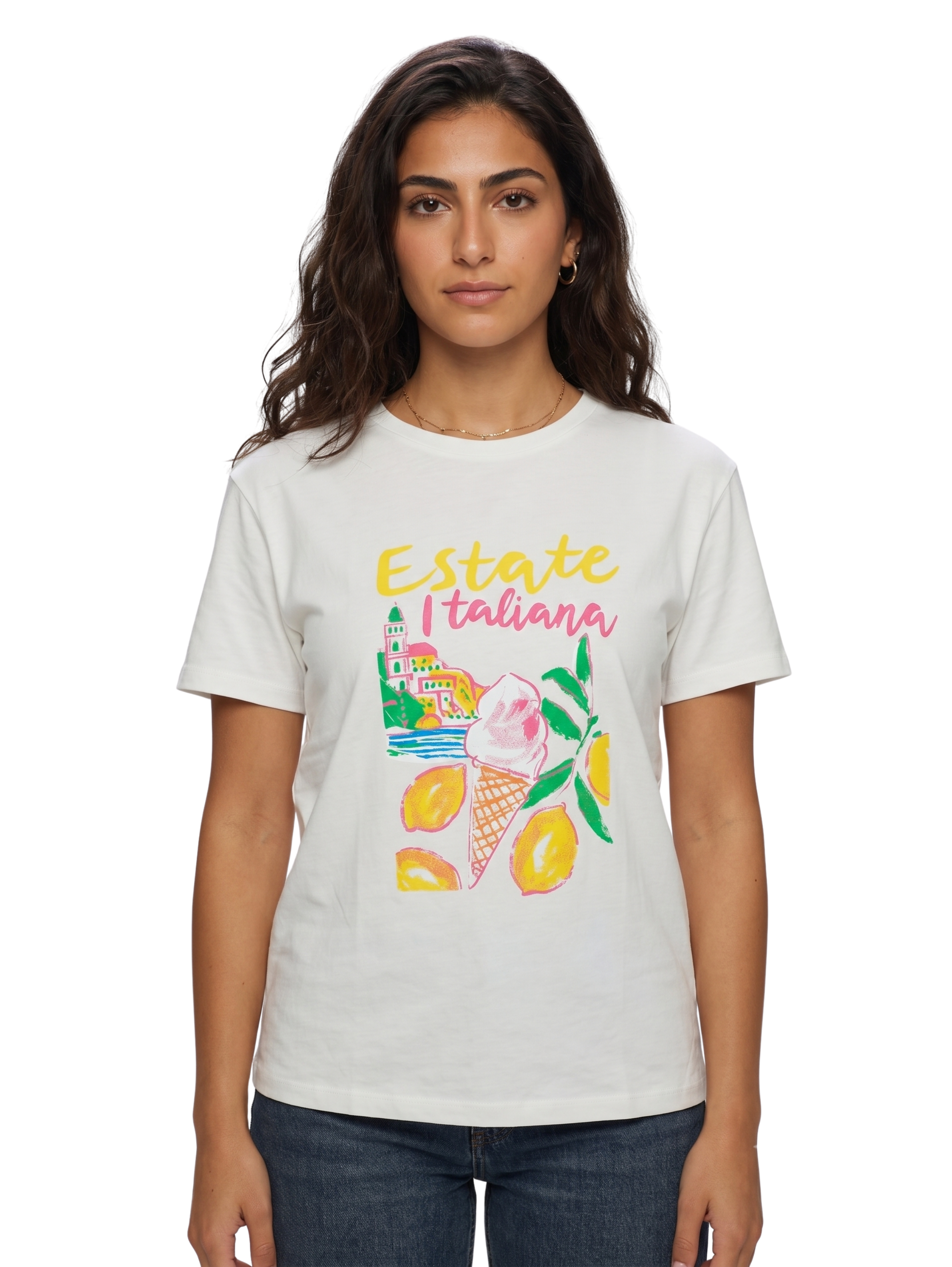 White Round Neck T-Shirt With Printed Design