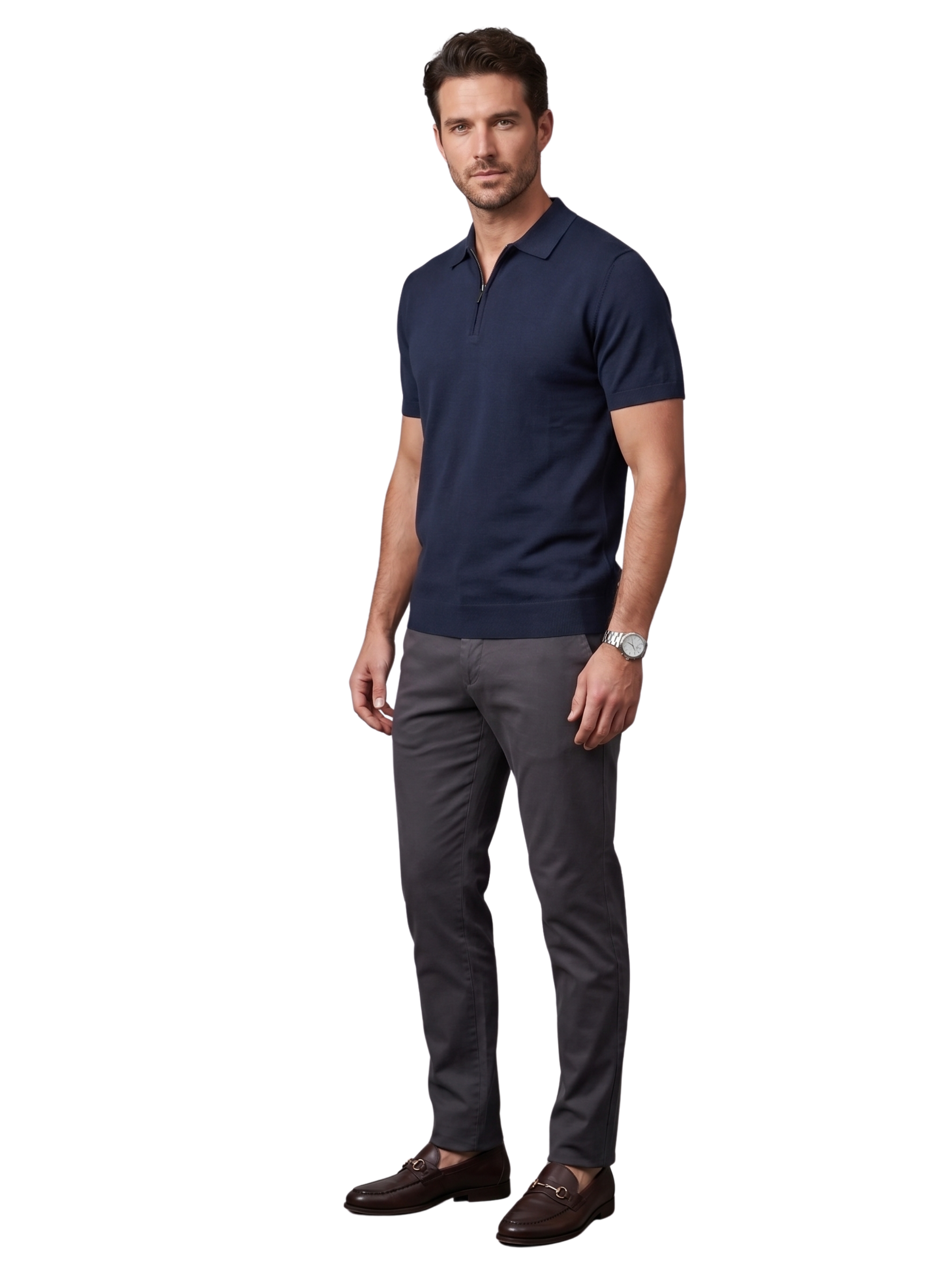 Navy Short Sleeved Polo With Neckline Zipper