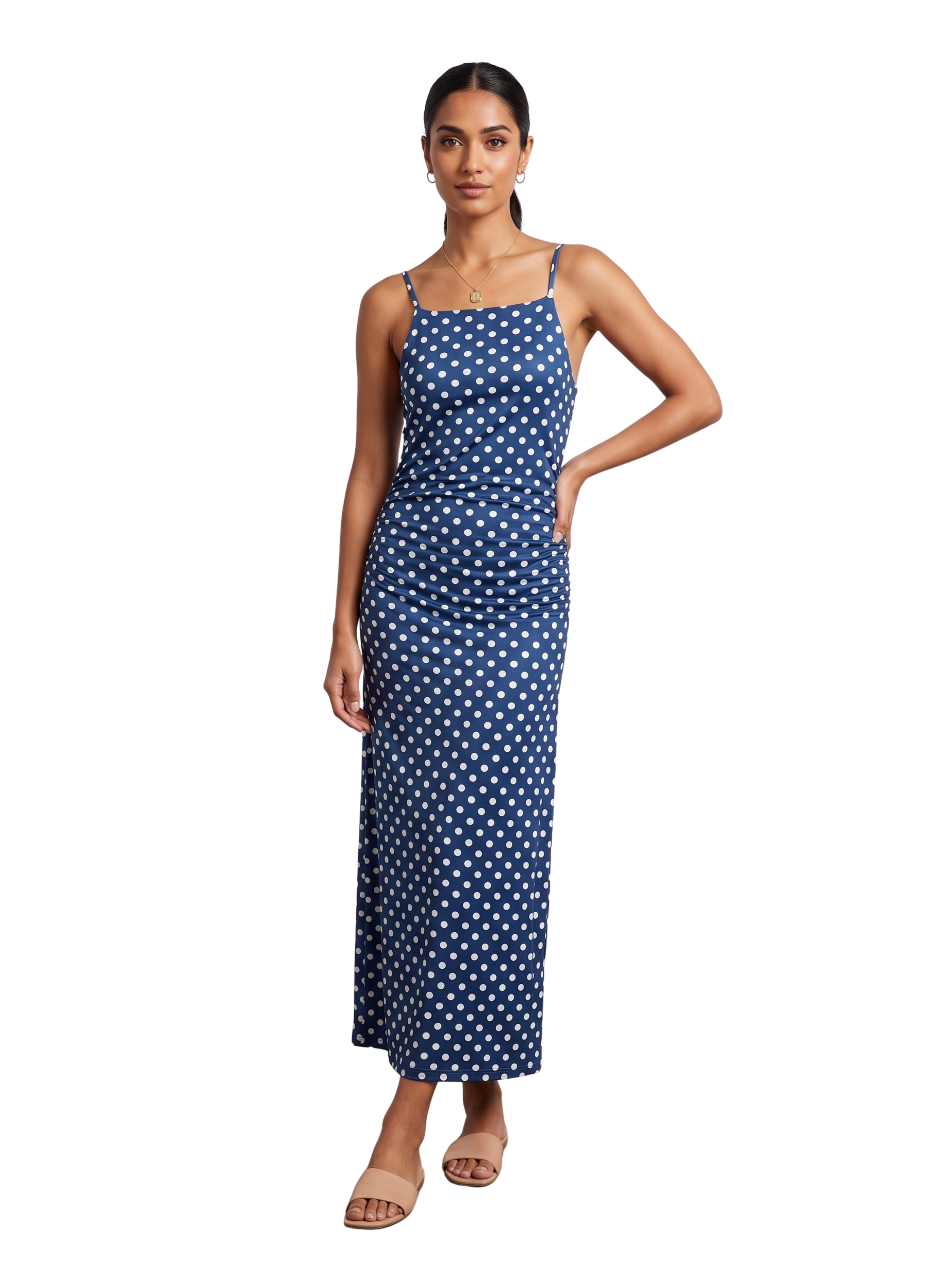 Navy With White Bolka Dots Sleeveless Dress