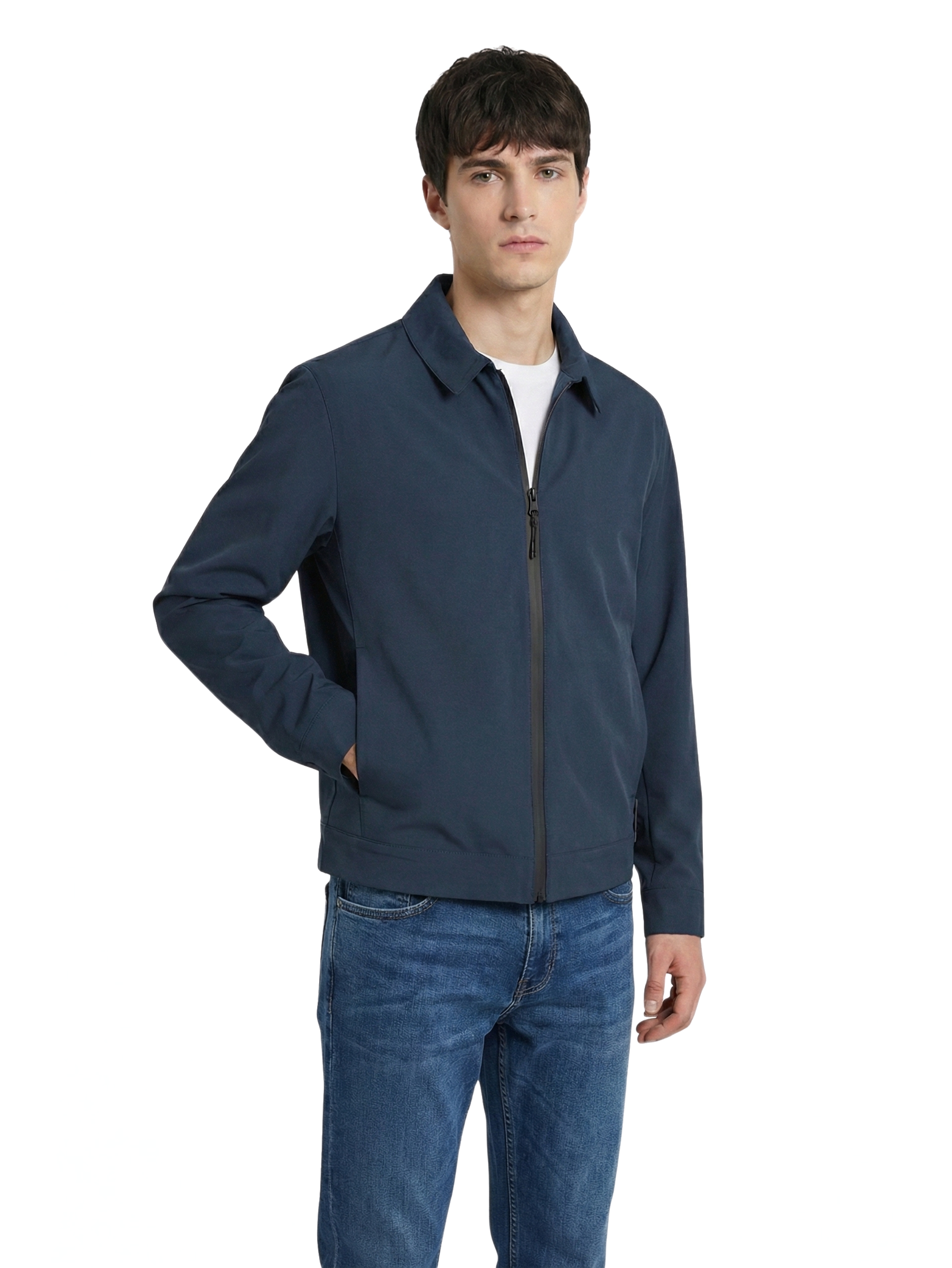 Long Sleeve Navy Zippered Jacket With Collar