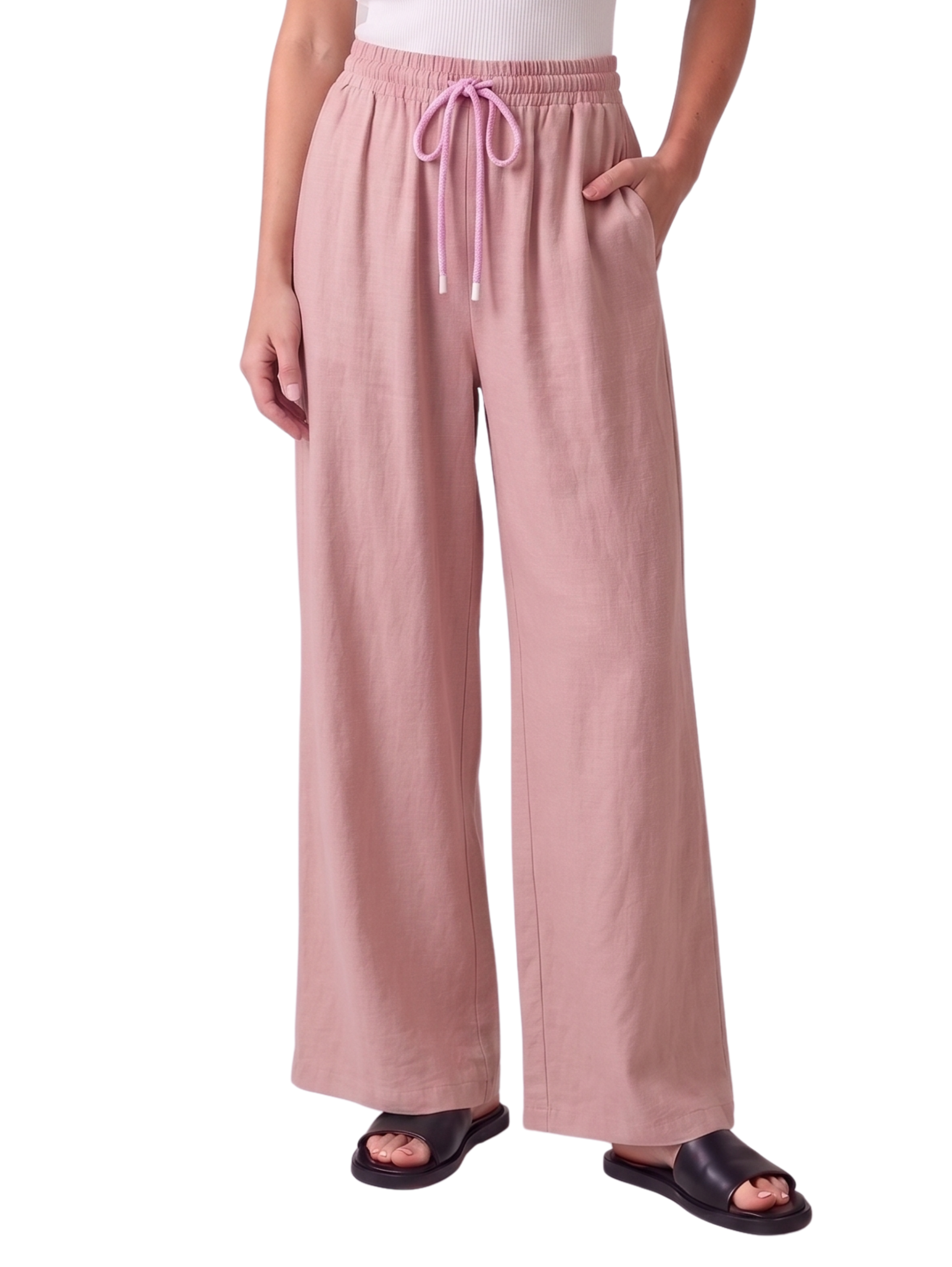 Pink Wide Leg Drawstring Linen Pants