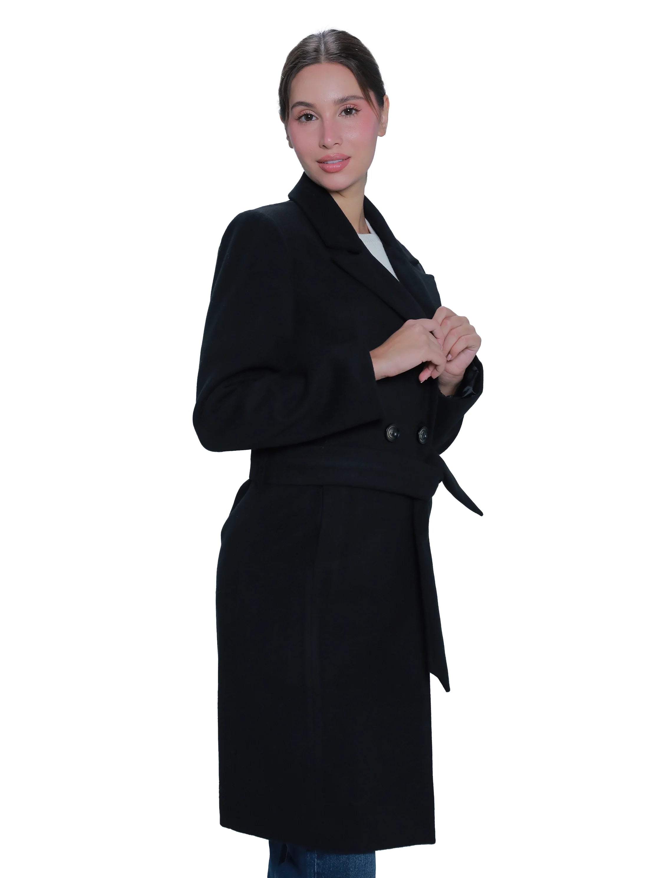 Black Belted Coat With Slanted Side Pocket