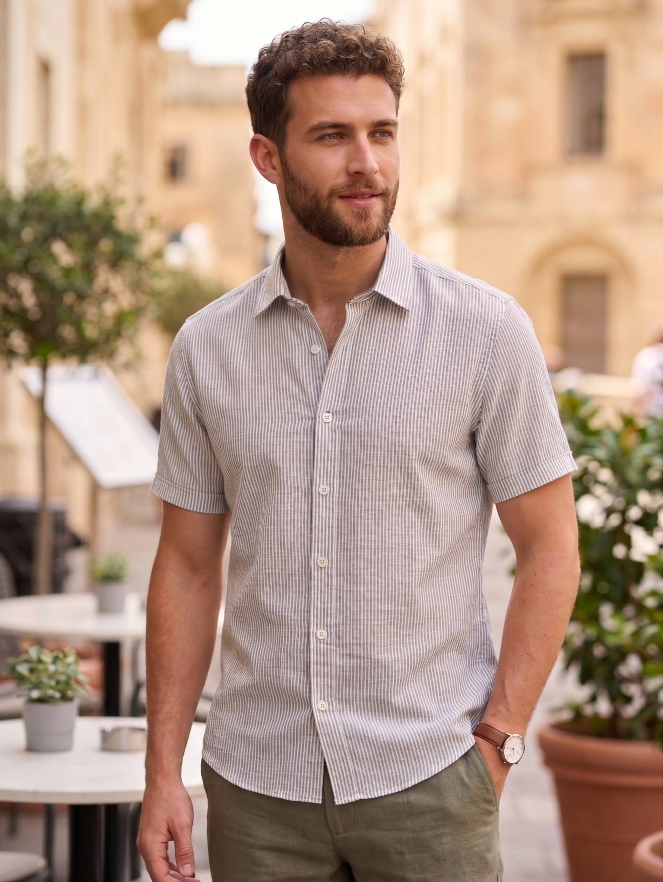 Olive Short Sleeved Linen Shirt With Striped Design