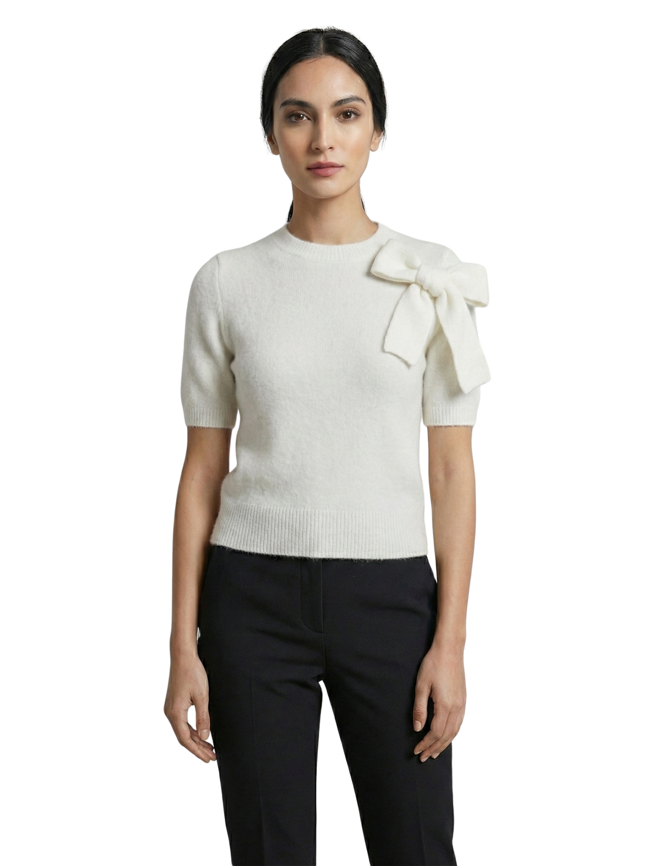 Short Sleeved White Sweater With Ribbon Design