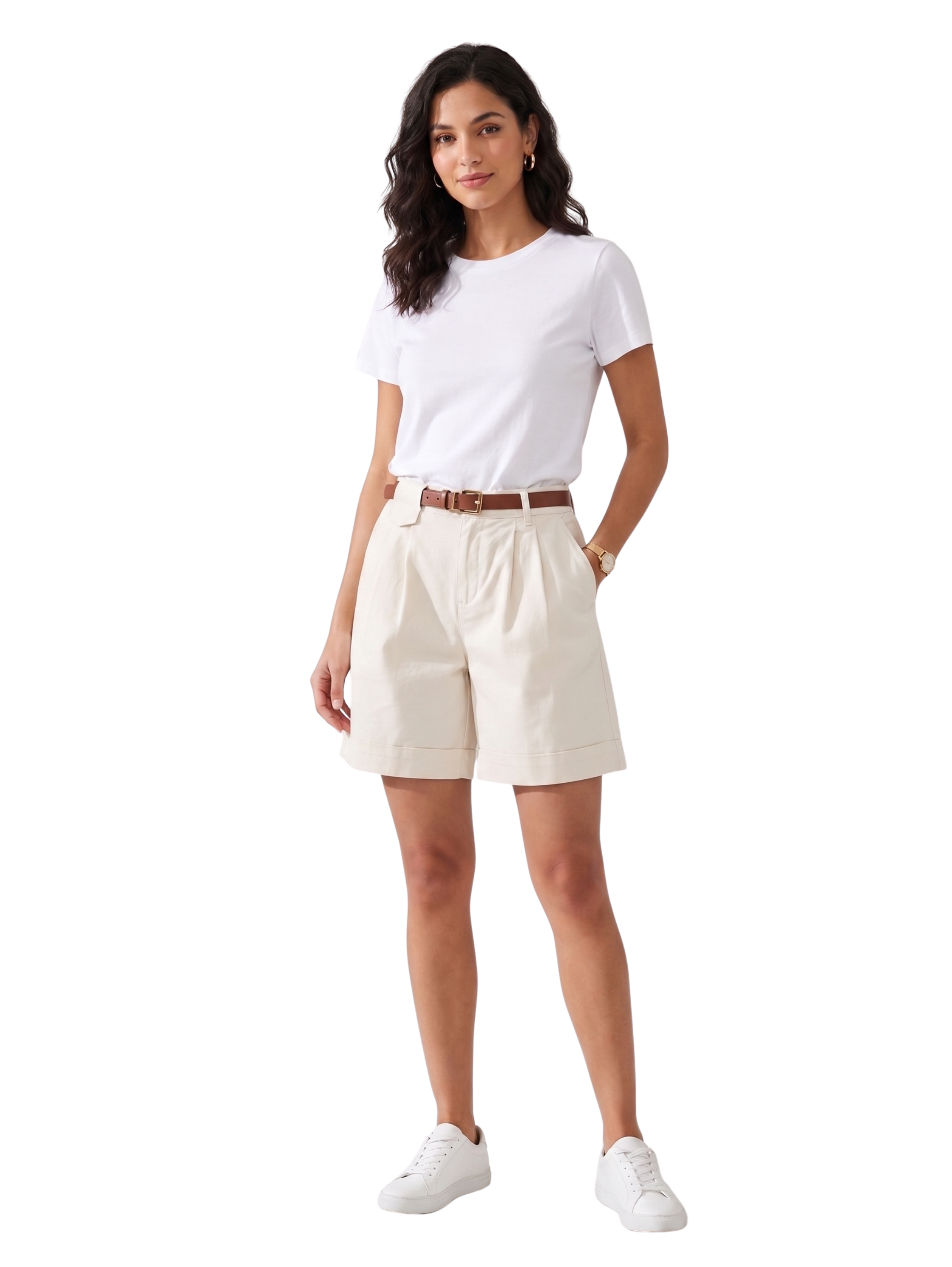 Beige High Waist Chino Shorts With Side Pockets & Belt