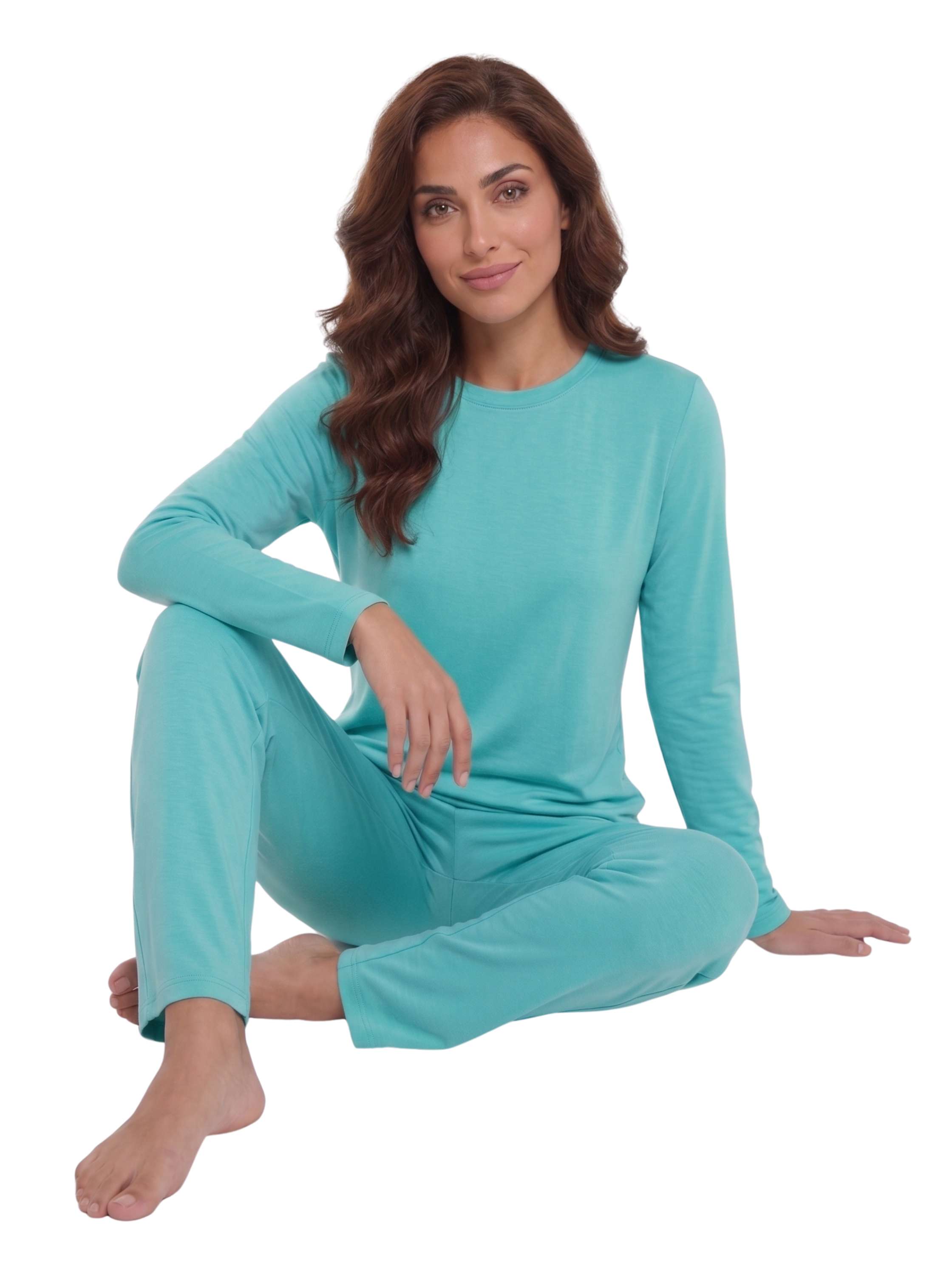 Long Sleeved Aqua Pyjama Set With Crew Neckline