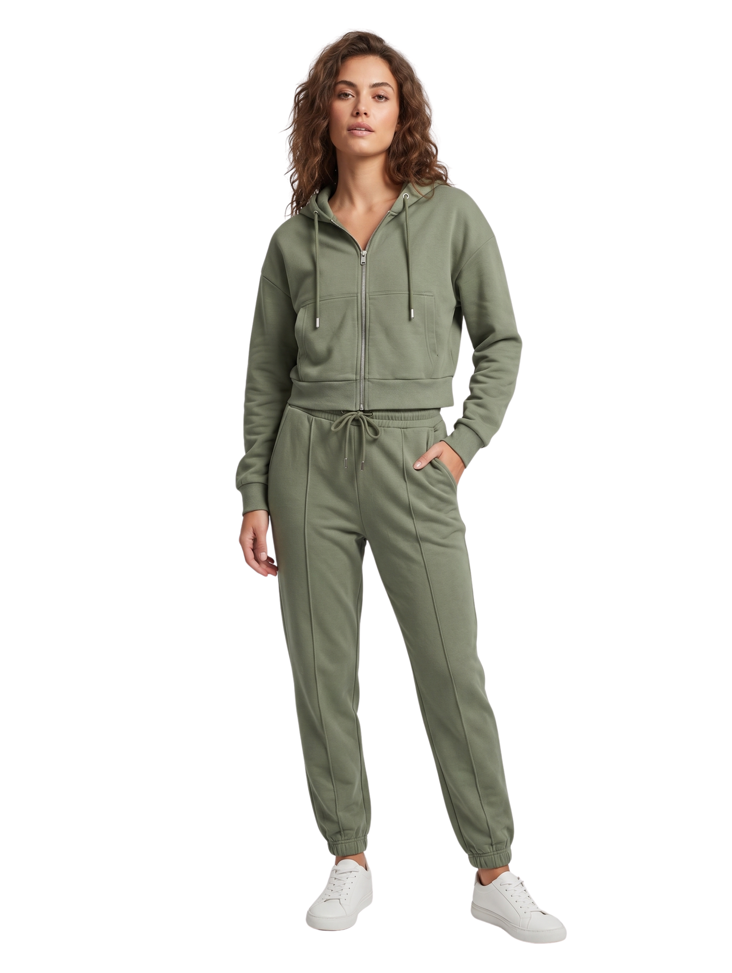 Olive Cropped Zip-Up Hoodie Set
