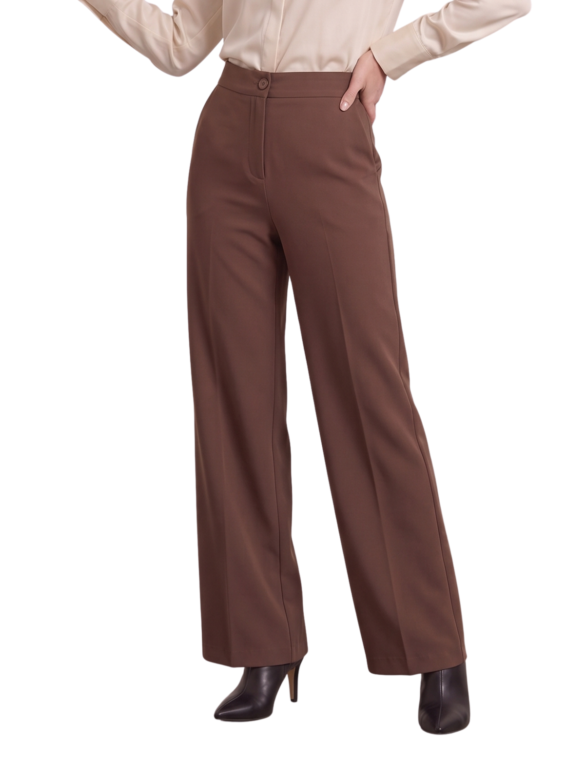 Brown Wide-Leg Pants with High Waist and Tailored Fit