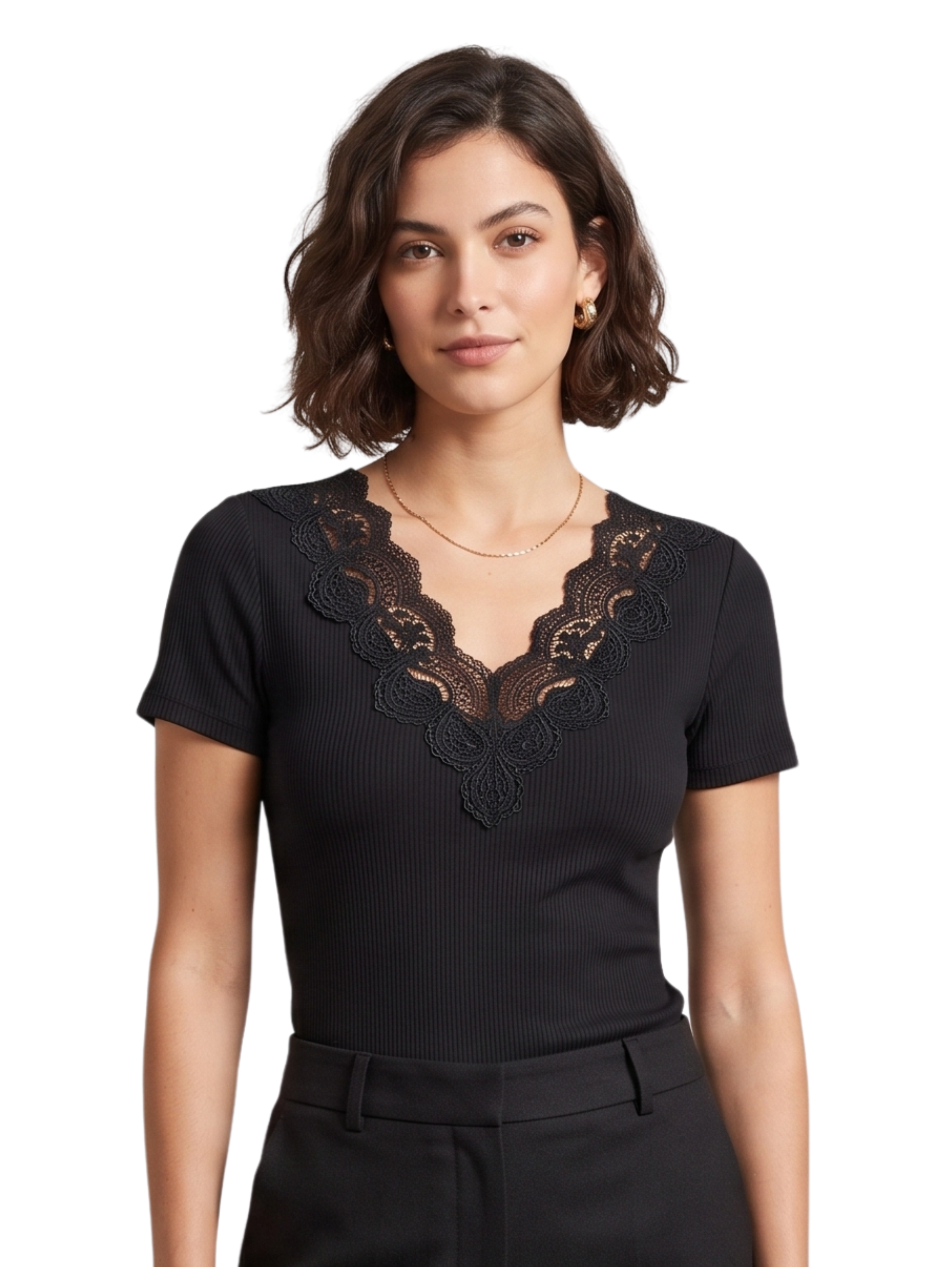 Black Short Sleeved V Neck Top With Lace Design