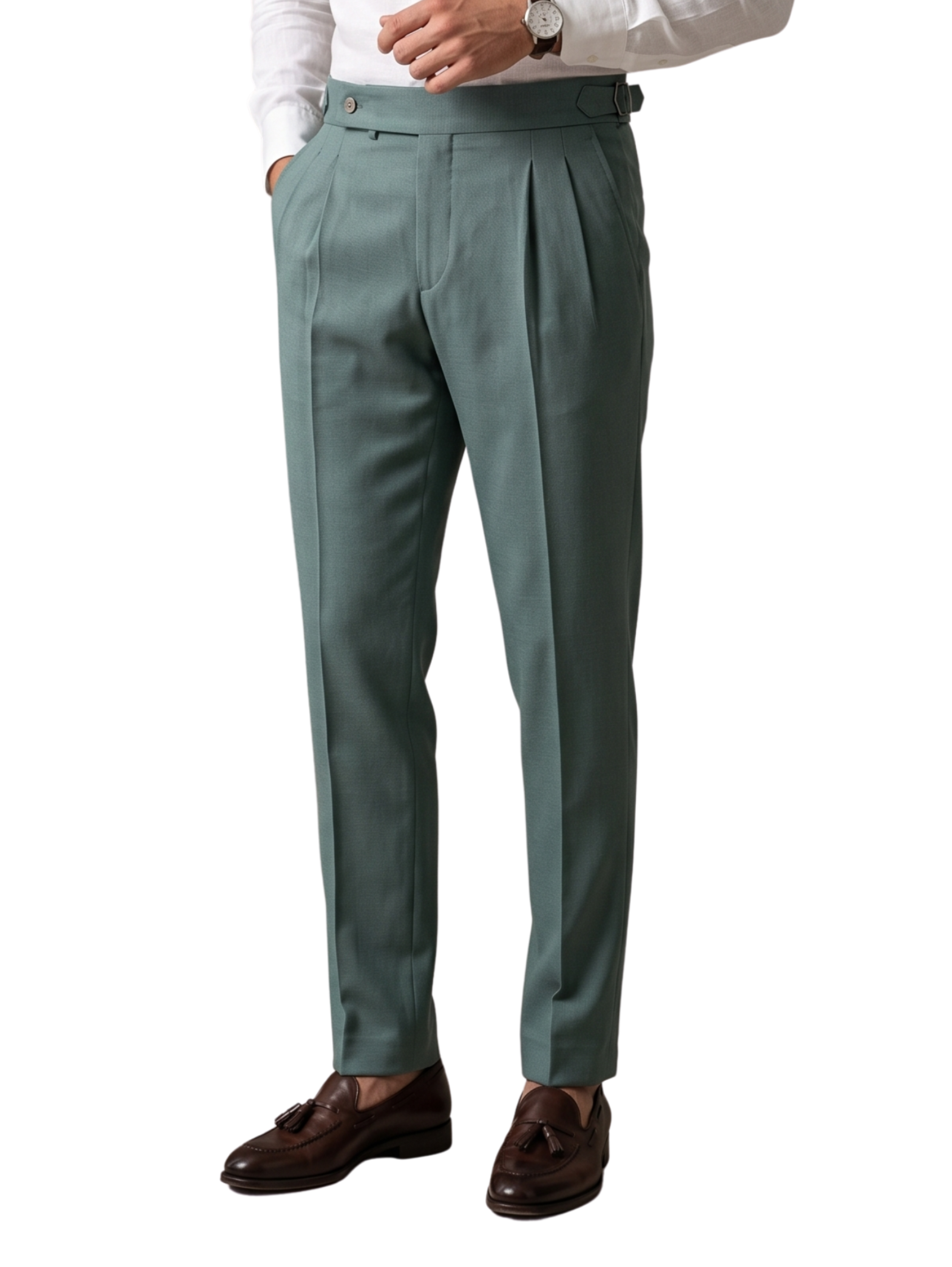 Green High Waistband Pants With A Buttoned Tab Closure & Side Buckles