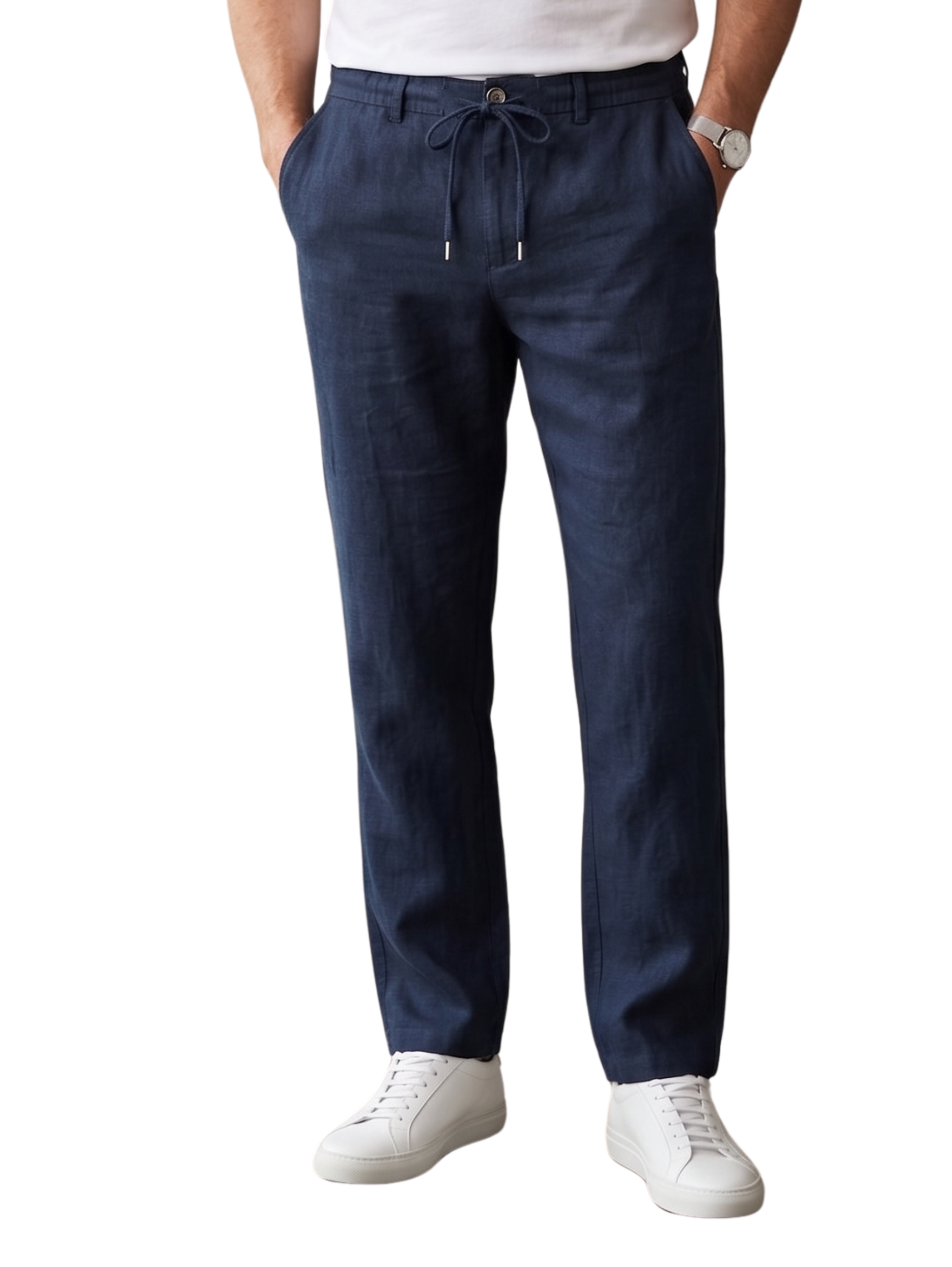 Casual Summer Navy Linen Drawstring Pants