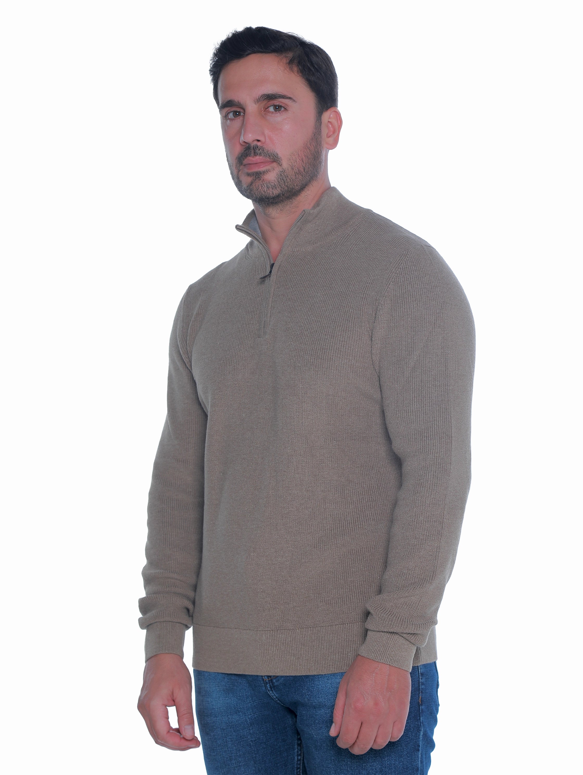 Long Sleeved Beige Pullover With Thin Ribbed Design