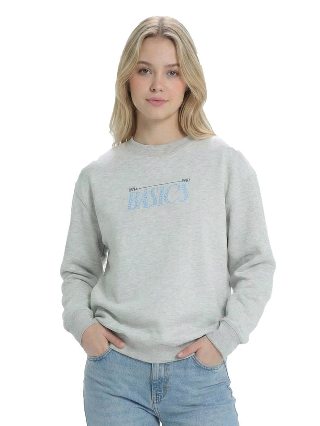 Light Grey Round Neck Sweater With "Basic" Front Design