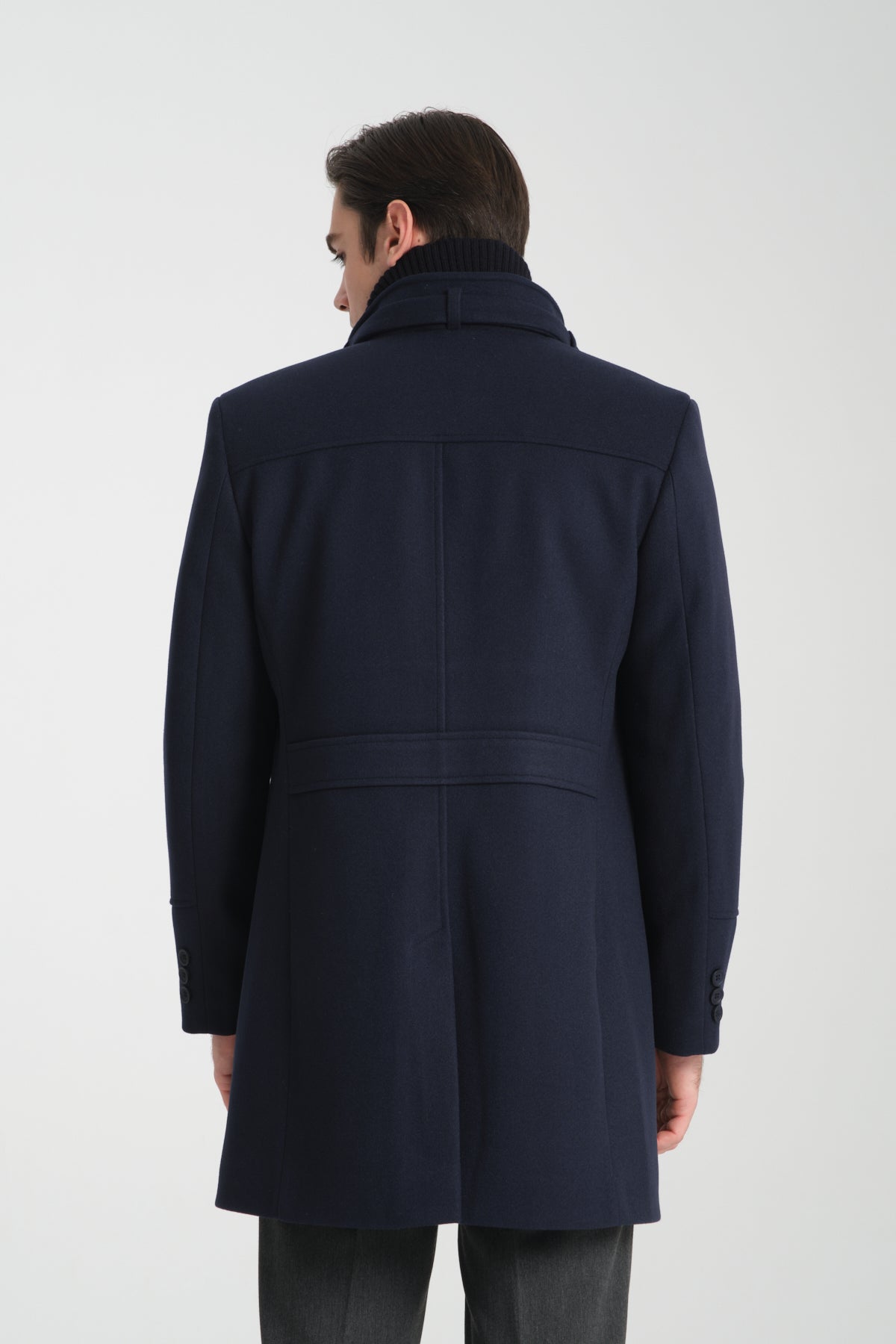 Tailored Navy Stand Collar Overcoat with Neck Strap & Knit Layer