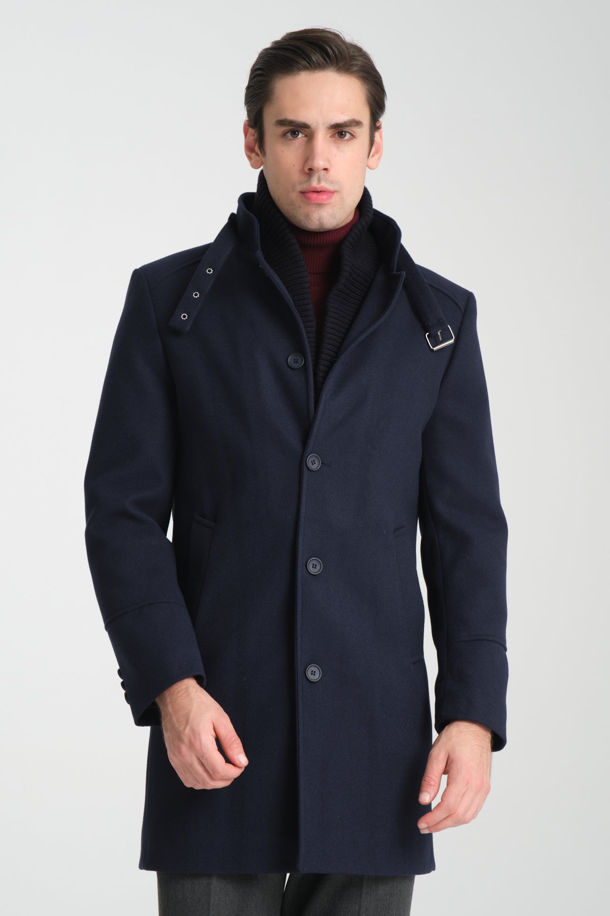 Tailored Navy Stand Collar Overcoat with Neck Strap & Knit Layer