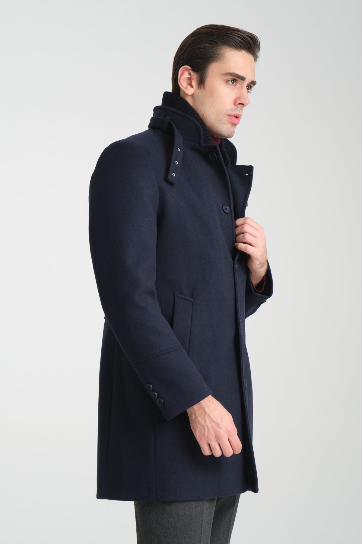 Tailored Navy Stand Collar Overcoat with Neck Strap & Knit Layer