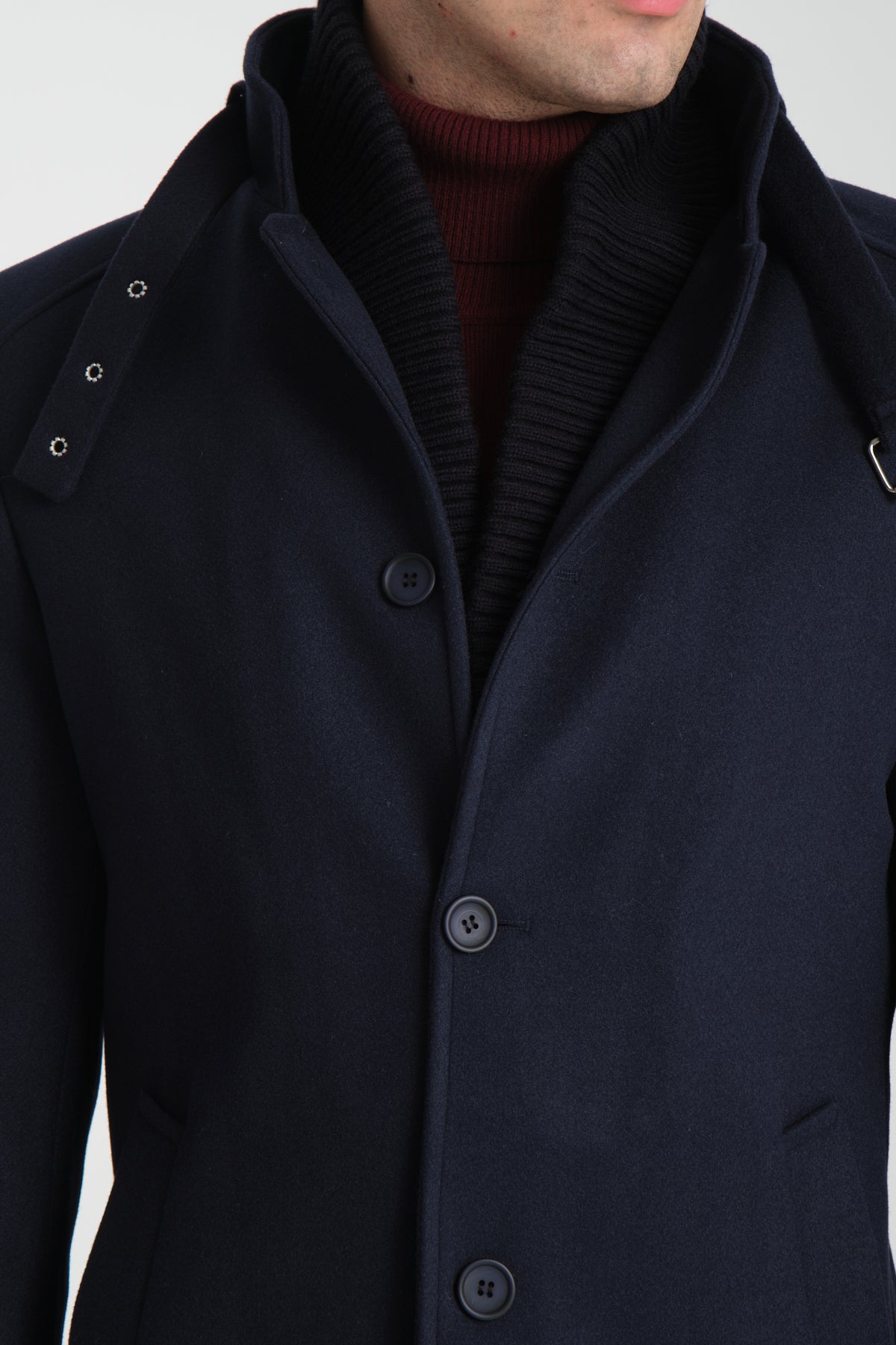 Tailored Navy Stand Collar Overcoat with Neck Strap & Knit Layer