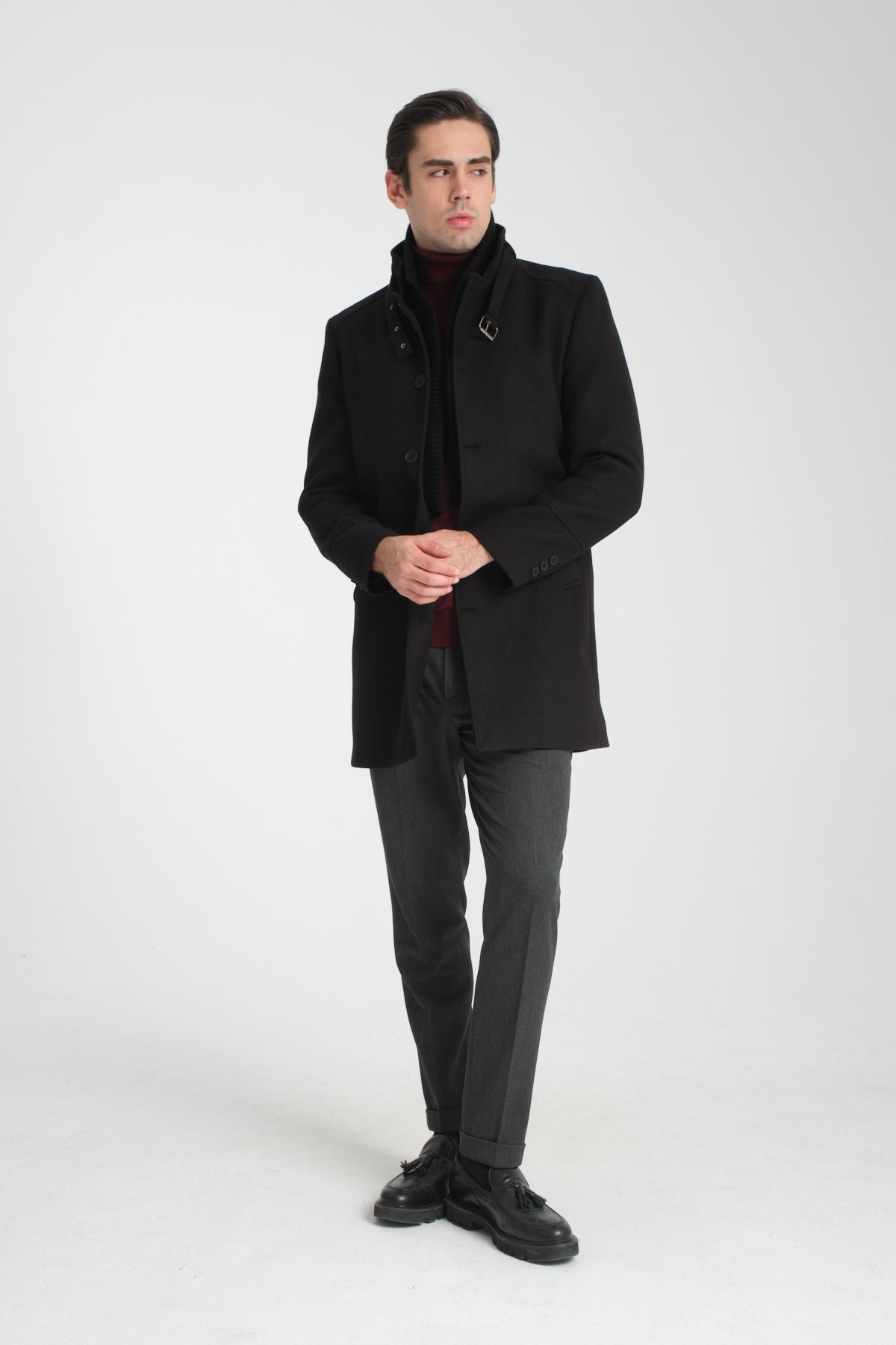 Tailored Black Stand Collar Overcoat with Neck Strap & Knit Layer