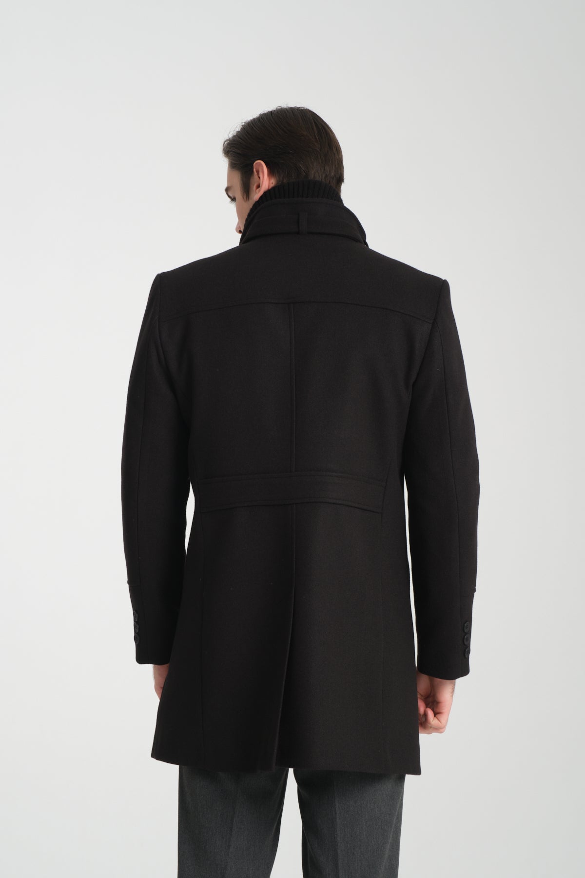 Tailored Black Stand Collar Overcoat with Neck Strap & Knit Layer