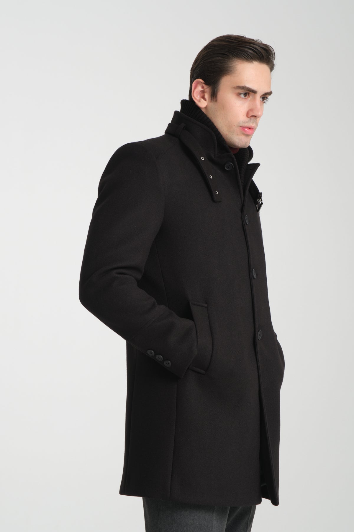 Tailored Black Stand Collar Overcoat with Neck Strap & Knit Layer