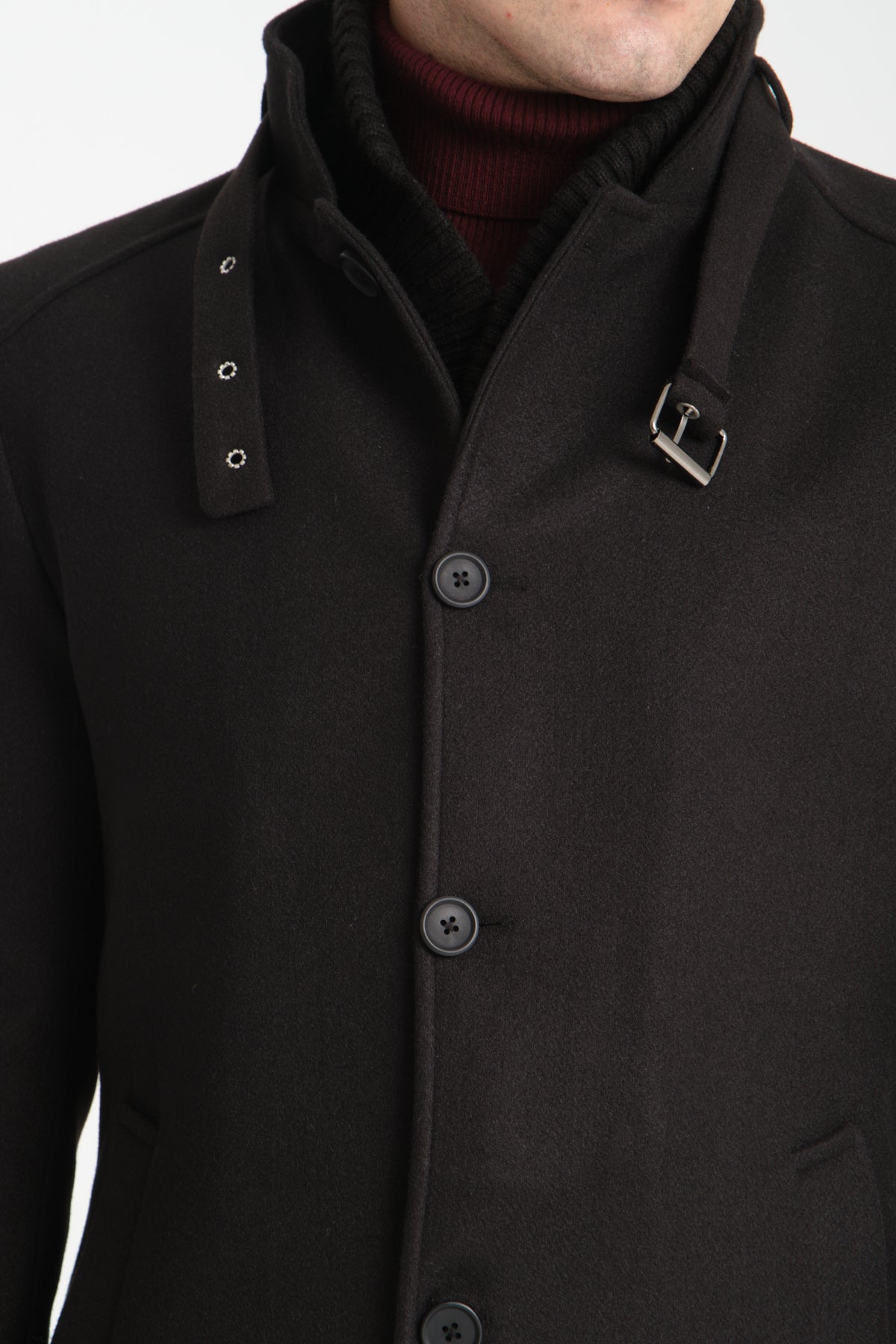 Tailored Black Stand Collar Overcoat with Neck Strap & Knit Layer