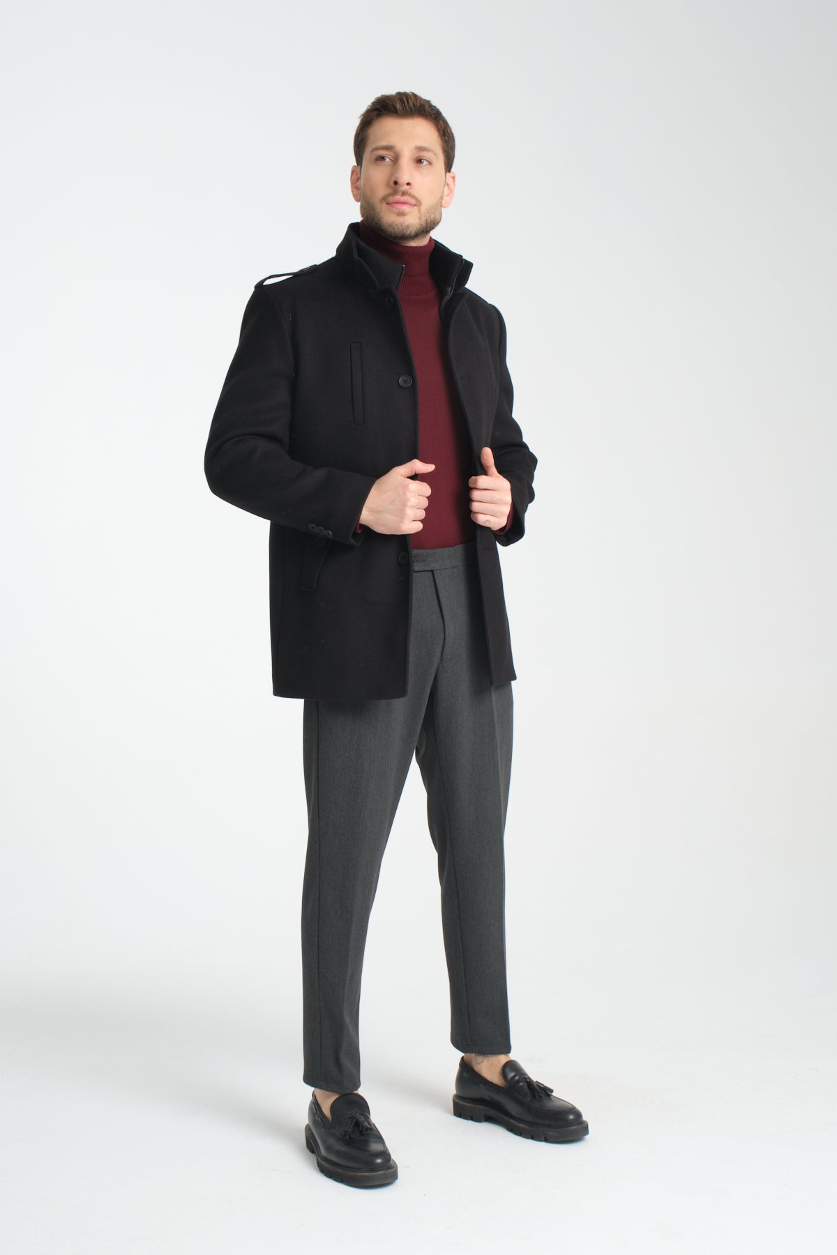 Black Mid Length Tailored Coat with High Stand Collar & Removable Inner Bib