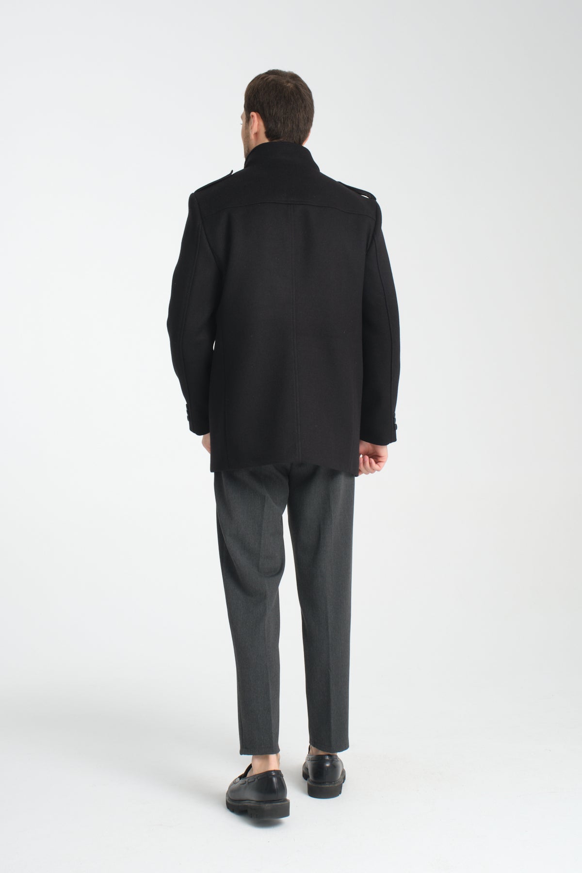 Black Mid Length Tailored Coat with High Stand Collar & Removable Inner Bib