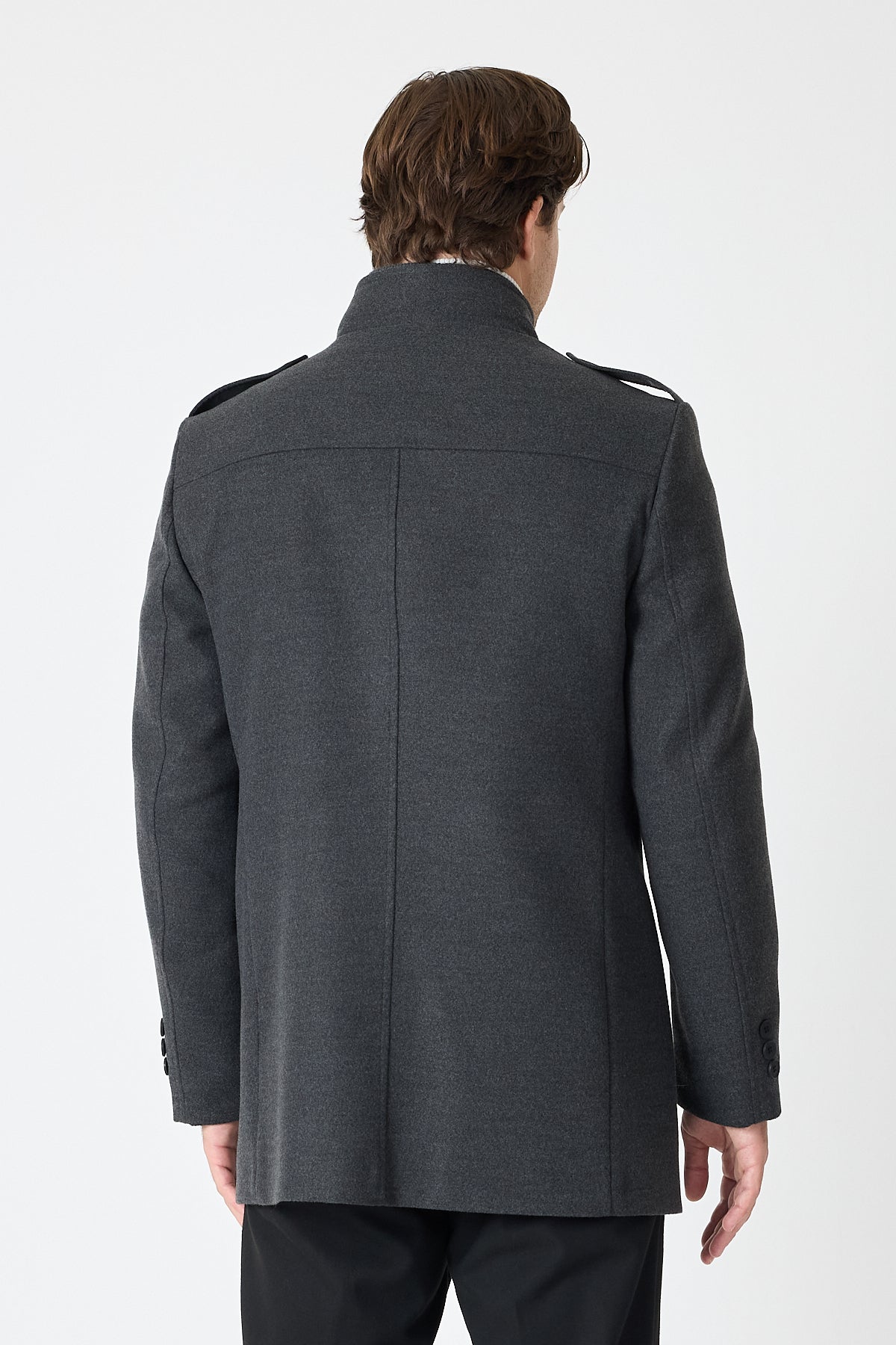 Dark Grey Mid Length Tailored Coat with High Stand Collar & Removable Inner Bib